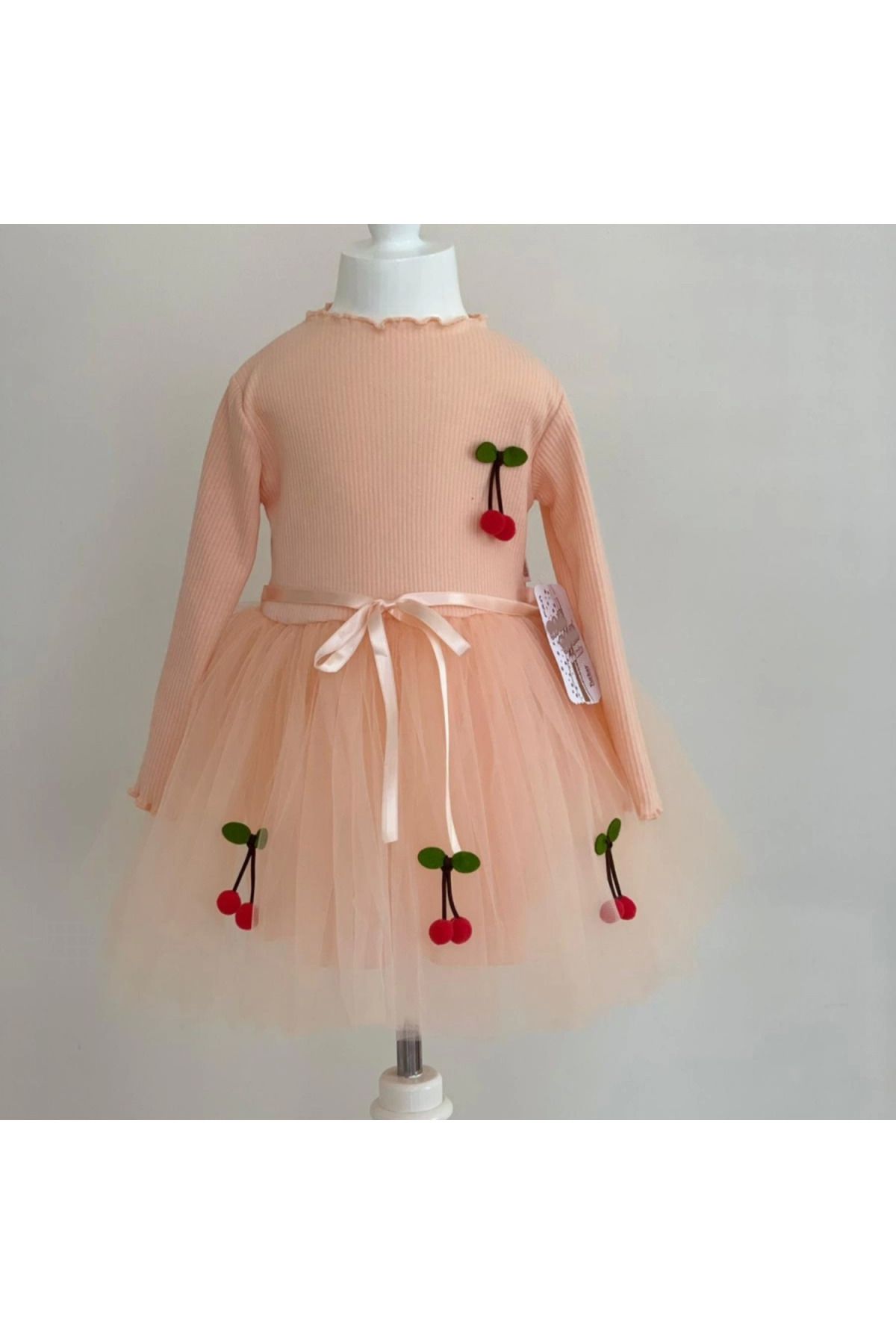 velmorafashion 5-6-7 Yaş Kiraz Desenli Kurdela Kuşaklı Astarlı Uzun Kollu Kız Çocuk Tütü Elbise Somon