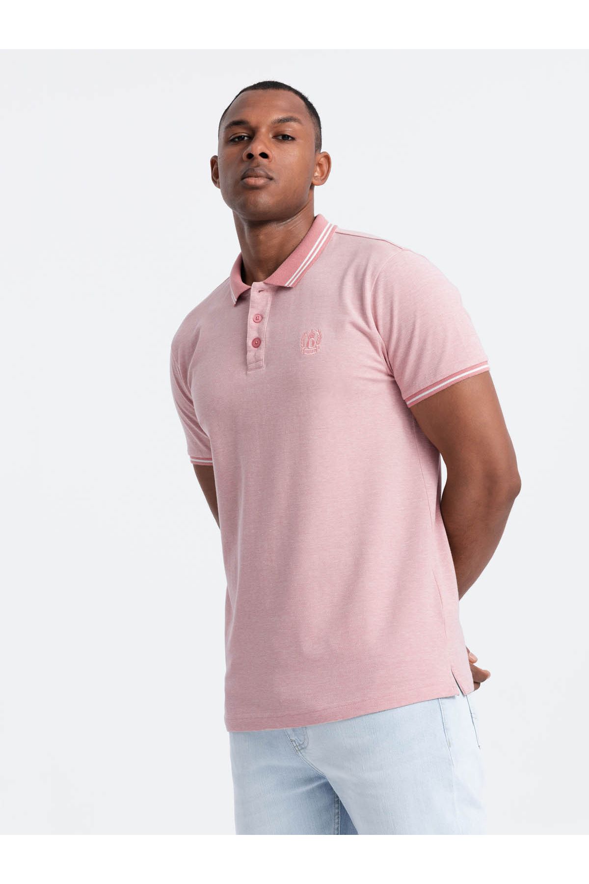 OMBRE-Melange men's polo shirt with striped collar - pink V2 OM-POSS-0109 M 1