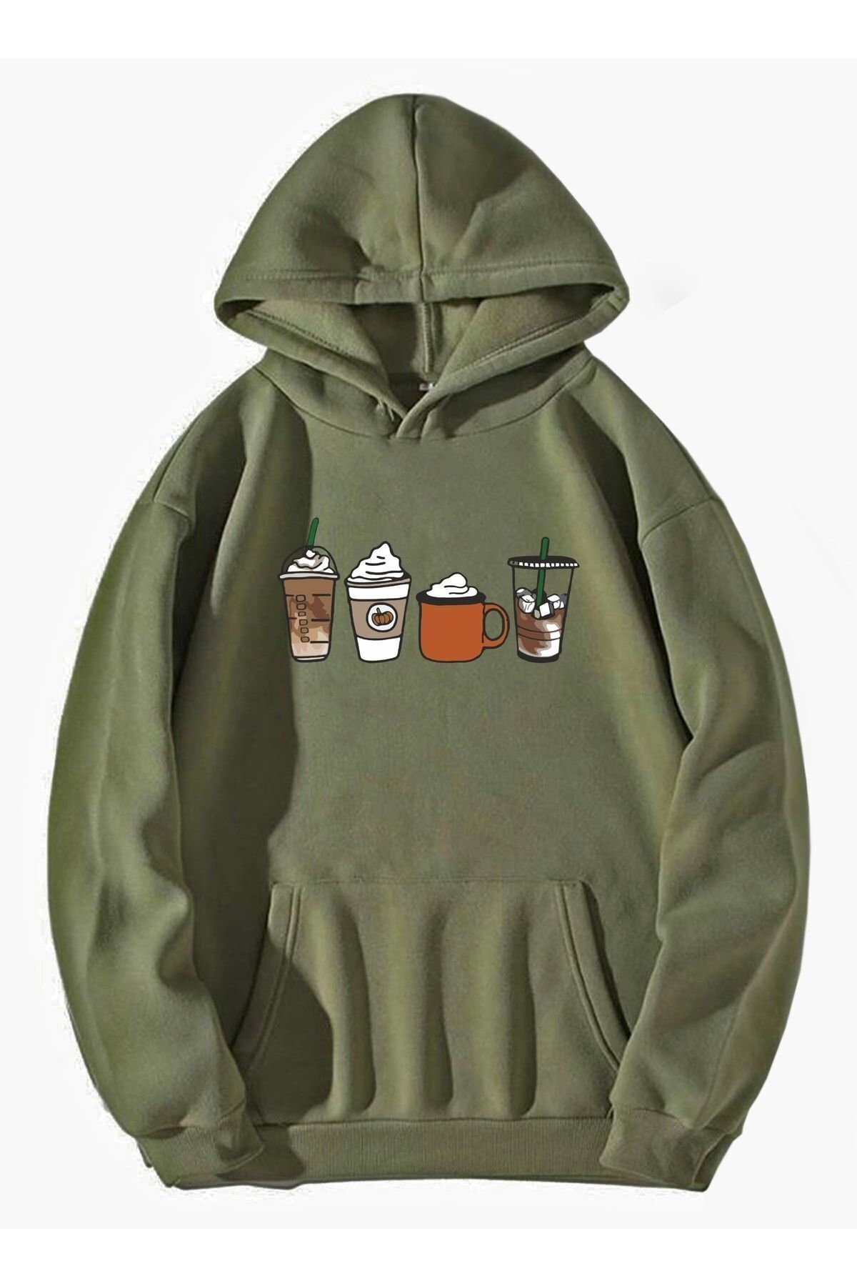 GIANTSTORE Kadın Haki Coffee Baskılı Oversize Kapüşonlu Sweatshirt