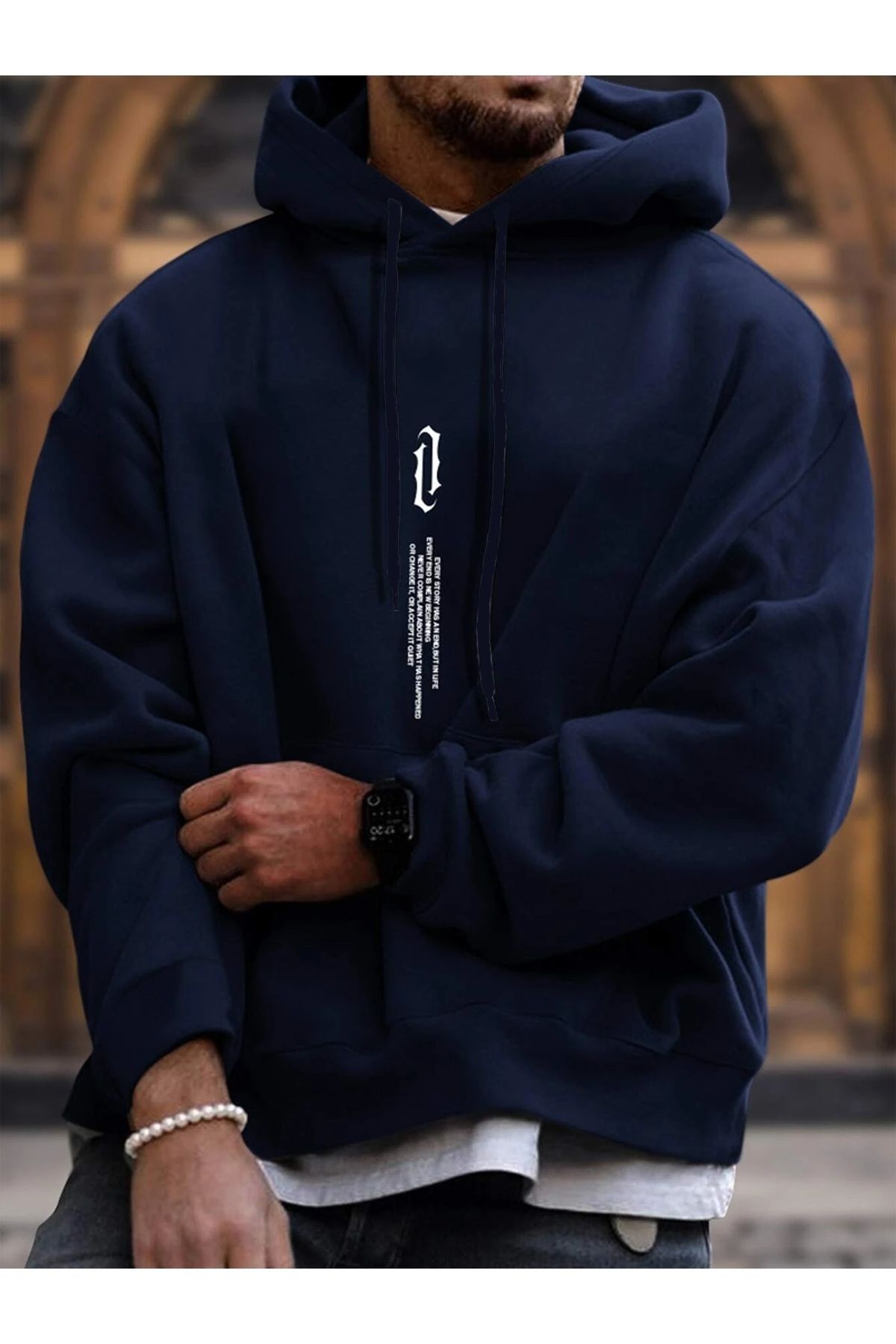 GIANTSTORE Lacivert Dikey Baskılı Oversize Kapüşonlu Erkek Sweatshirt