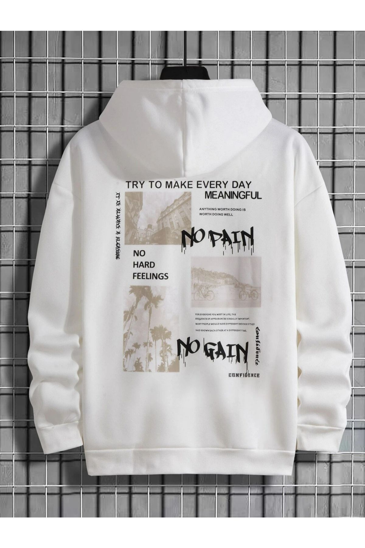 GIANTSTORE Beyaz No Pain No Gain Baskılı Oversize Kapüşonlu Sweatshirt