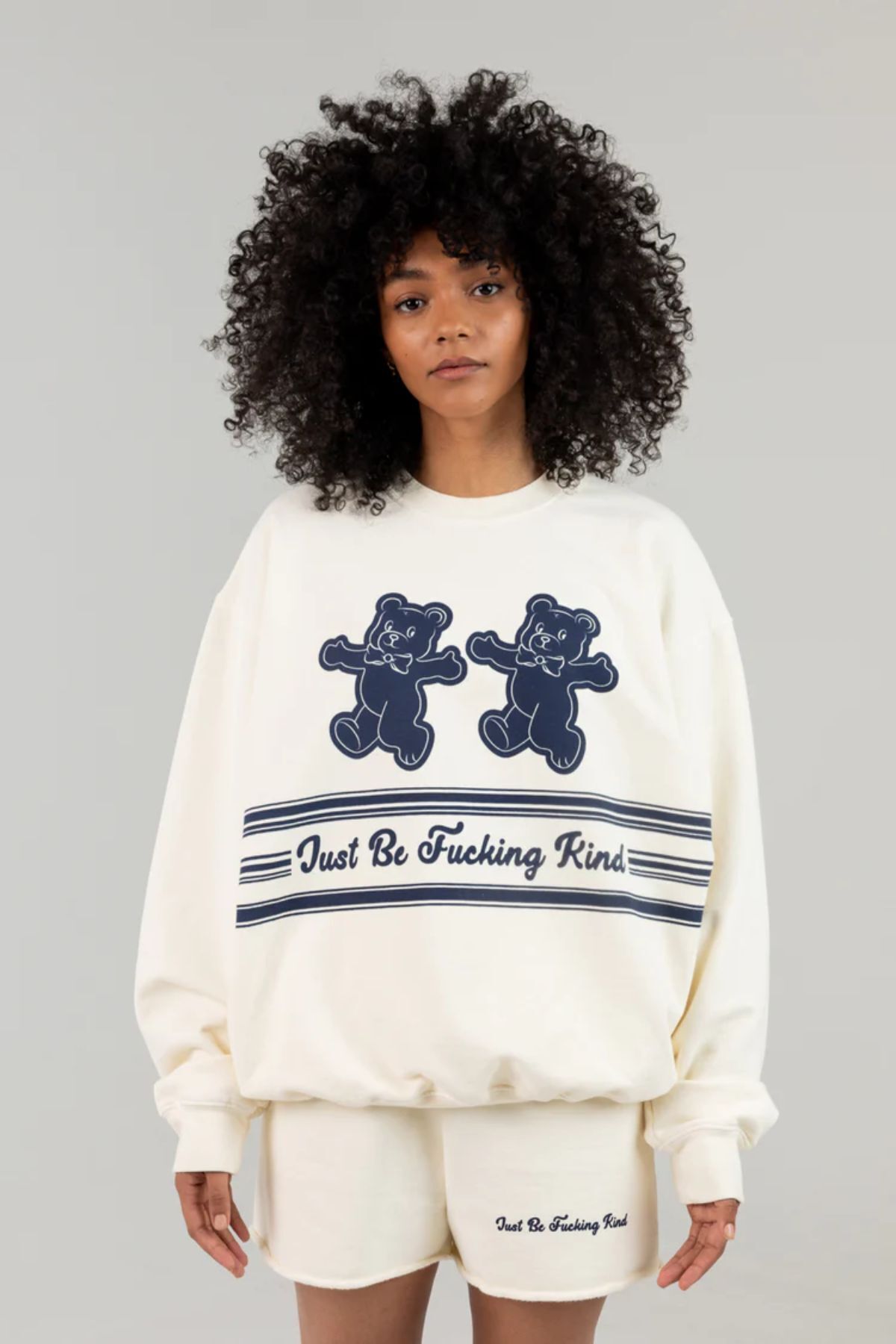 GIANTSTORE Unisex Beyaz Çift Ayıcık Baskılı Oversize Bisiklet Yaka Sweatshirt