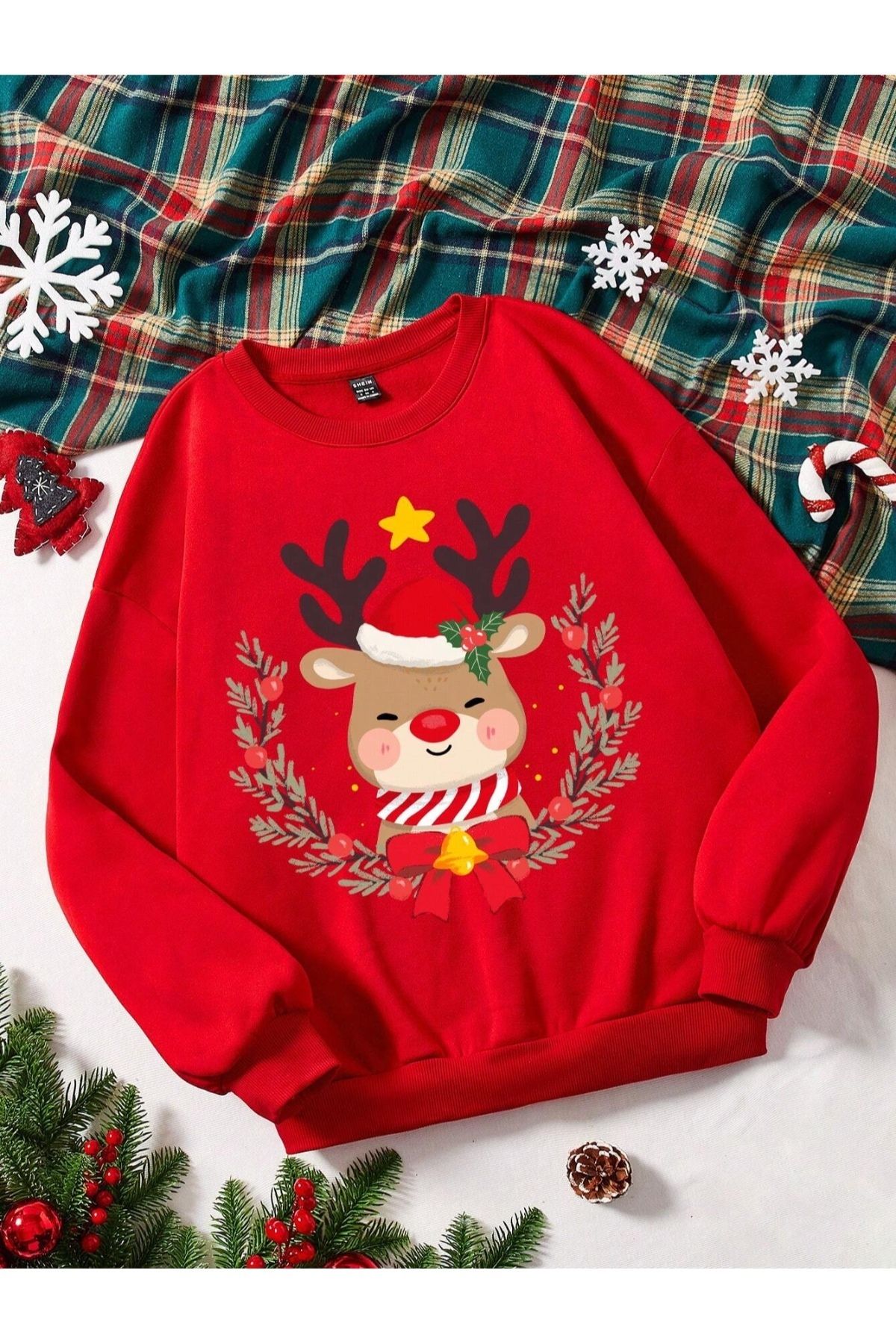 GIANTSTORE Kırmızı Yıl Başı Özel Geyik Baskılı Bisiklet Yaka Oversize Erkek & Sweatshirt