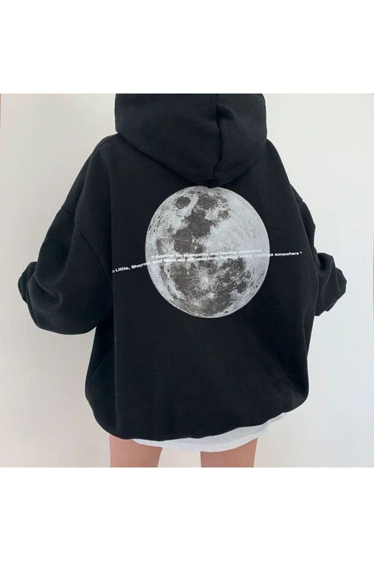 GIANTSTORE Siyah Ay Baskılı Kapüşonlu Oversize Sweatshirt Erkek