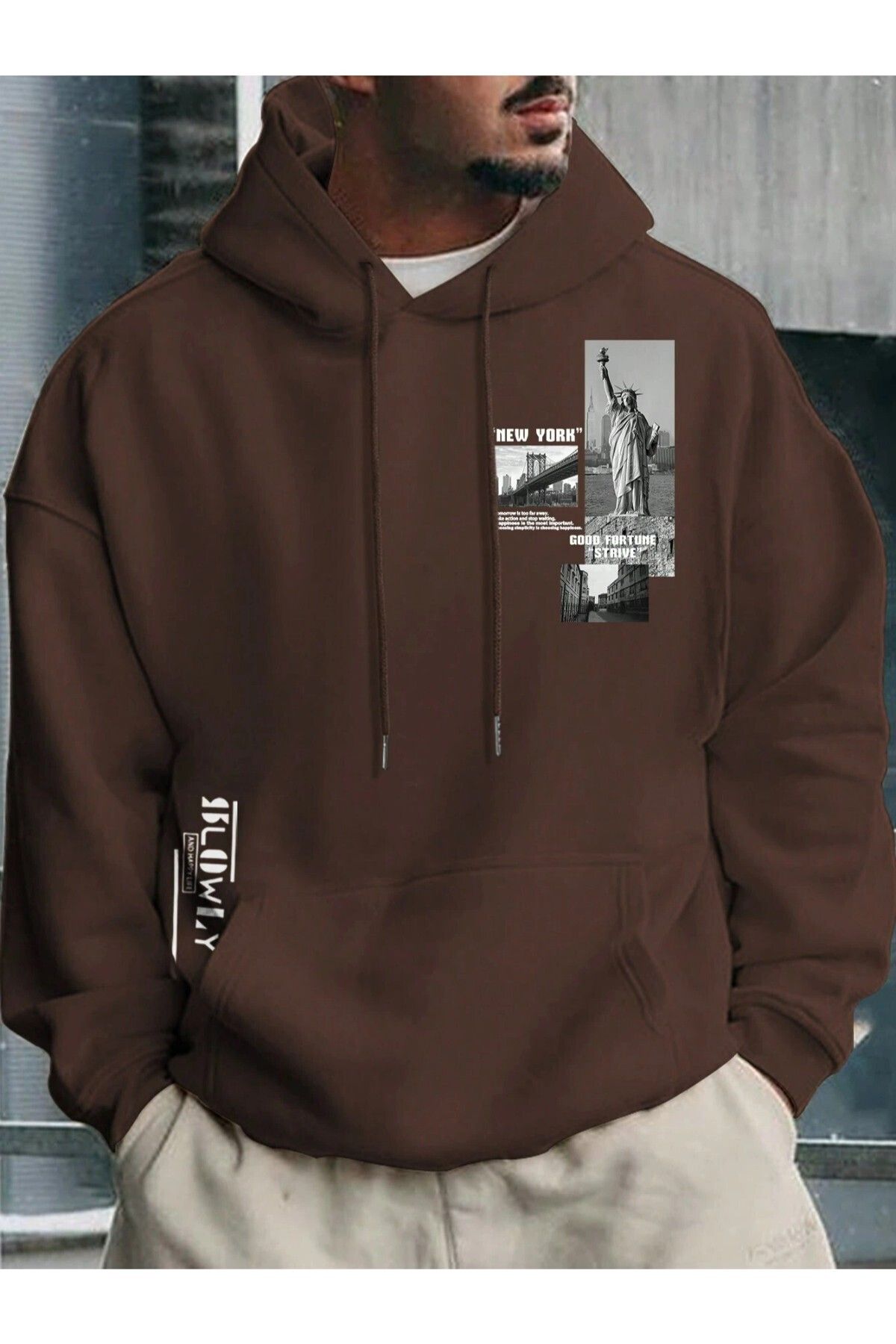GIANTSTORE Kahverengi Özgürlük Heykeli Baskılı Oversize Kapüşonlu Erkek Sweatshirt