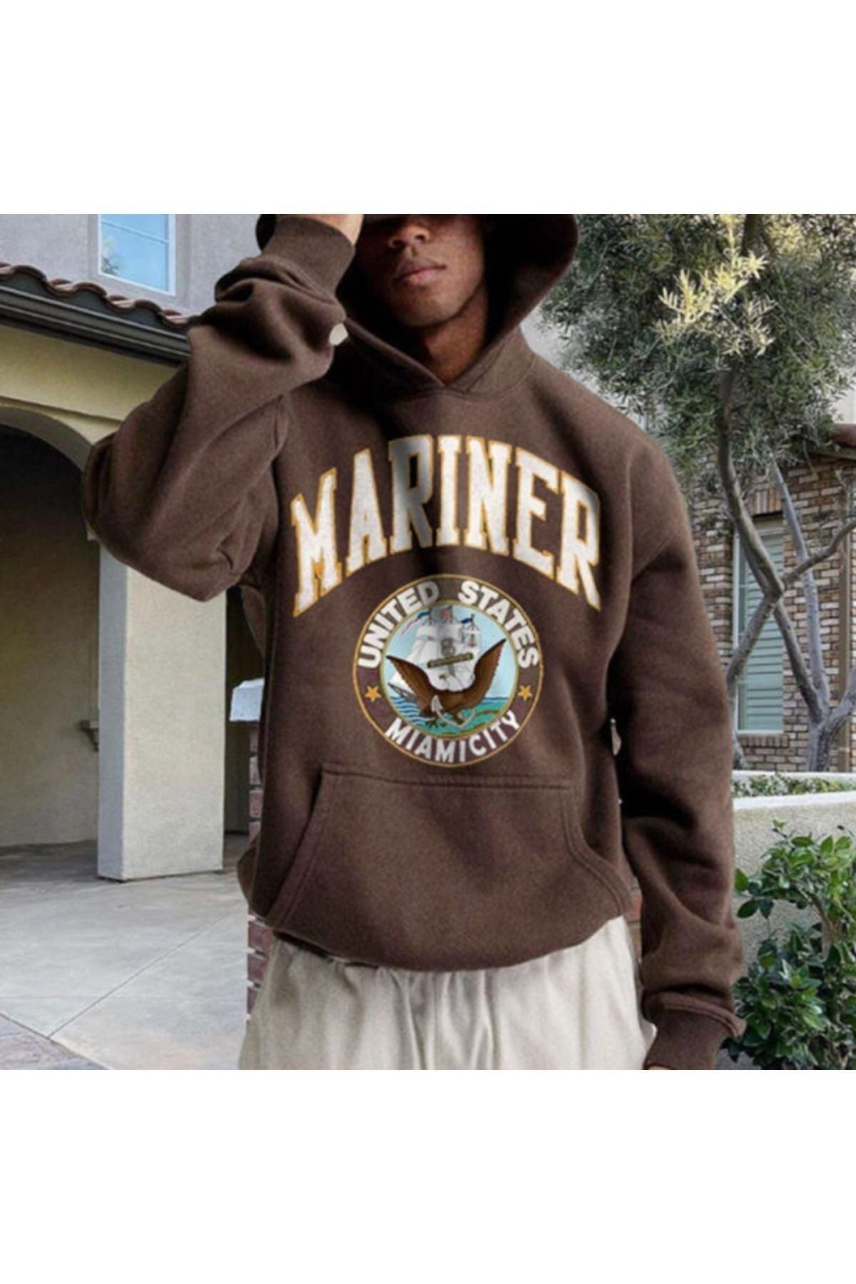 GIANTSTORE Erkek Kahverengi Mariner Baskılı Oversize Kapüşonlu Sweatshirt