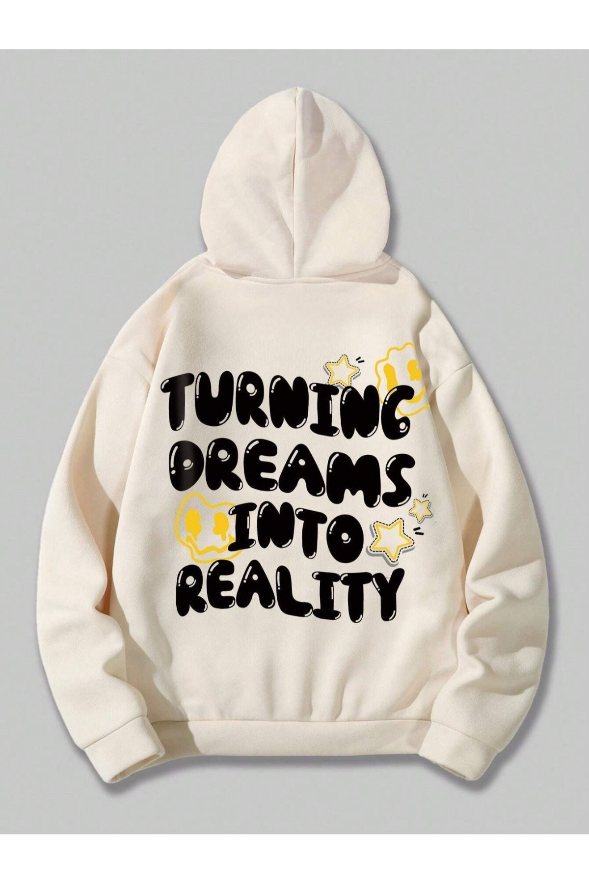 GIANTSTORE Bej Turning Dreams into Reality Baskılı Kapüşonlu Oversize Sweatshirt Unisex