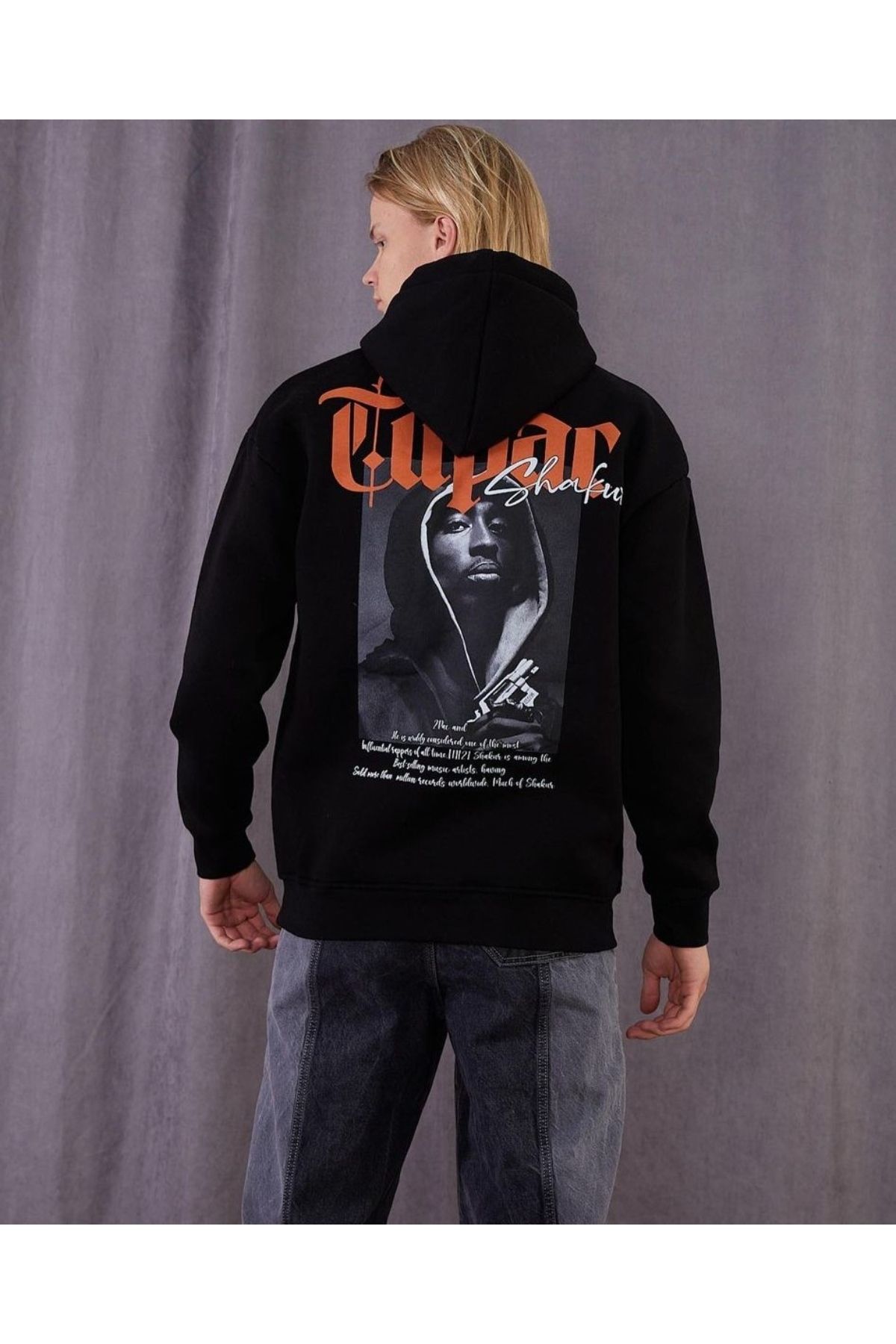 GIANTSTORE Siyah Tupac Baskılı Oversize Kapuşonlu Erkek Sweatshirt.