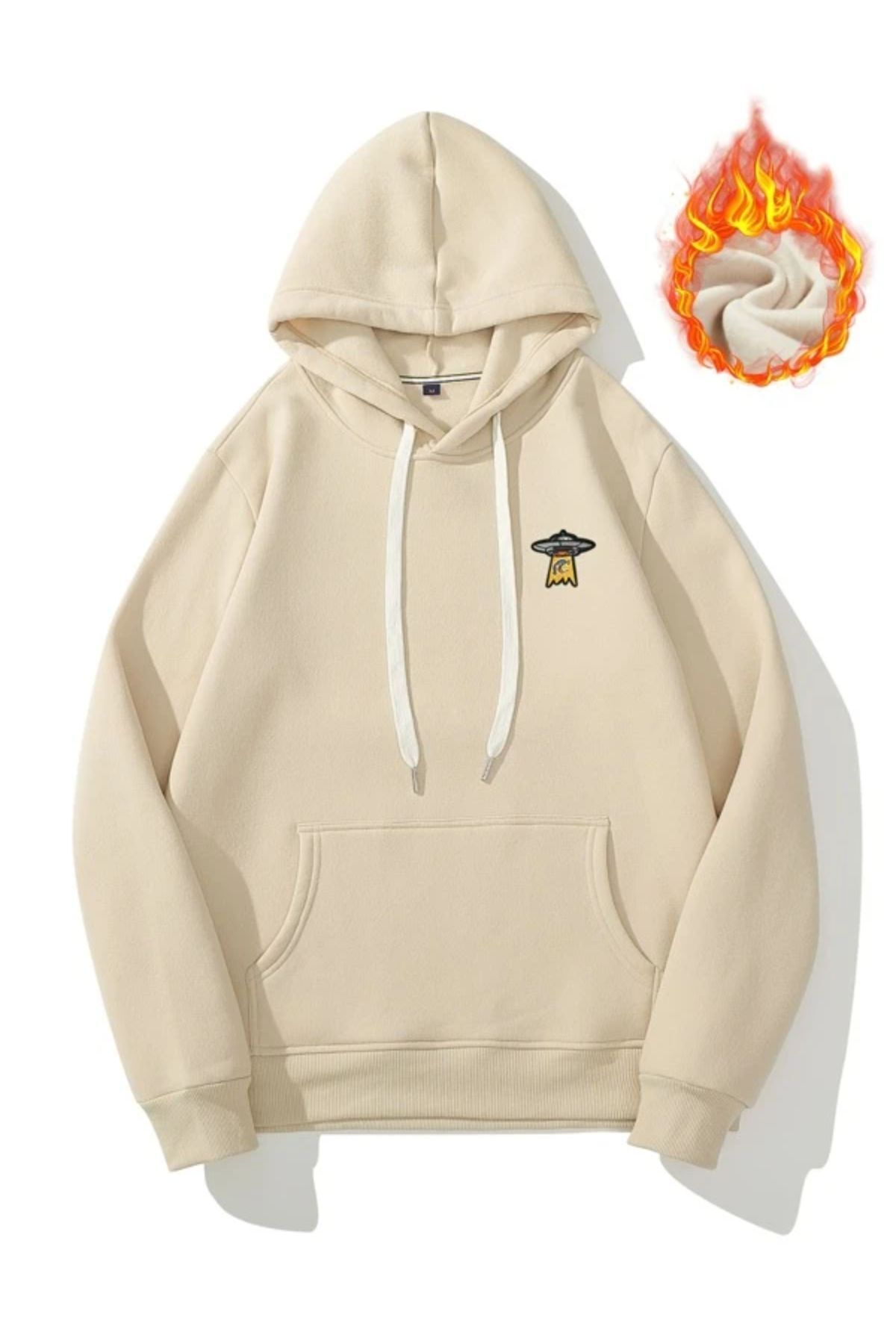 GIANTSTORE Erkek Bej Mini Ufo Baskılı Oversize Kapüşonlu Sweatshirt