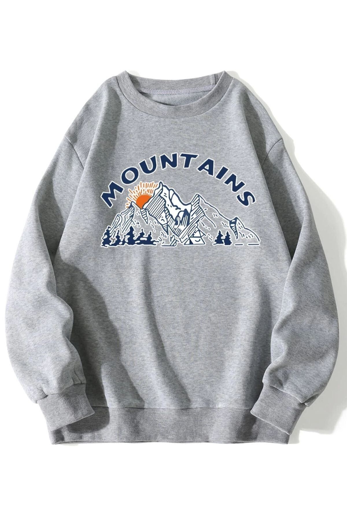 GIANTSTORE Unisex Gri Mountaıns Baskılı Sweatshirt