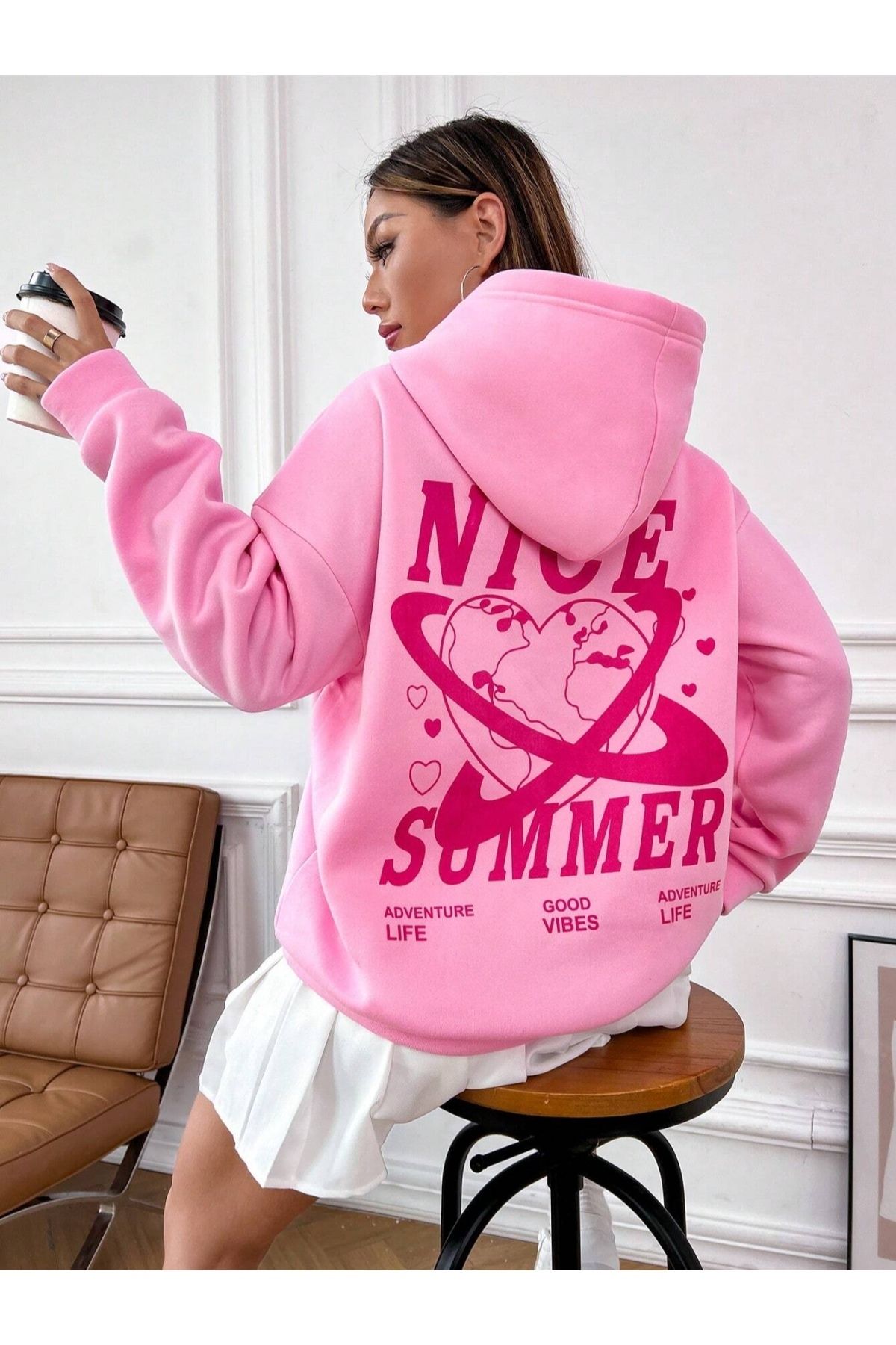 GIANTSTORE Pembe Nice Summer Baskılı Oversize Kapüşonlu Unisex Sweatshirt