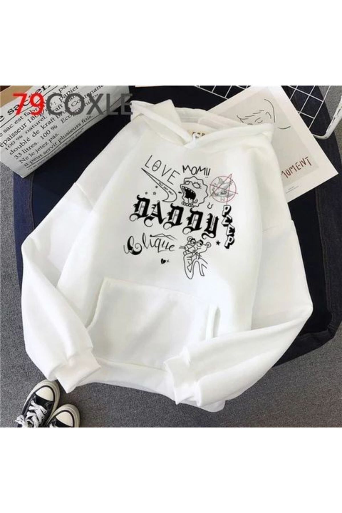 GIANTSTORE Kadın Beyaz Daddy Baskılı Oversize Kapüşonlu Sweatshirt