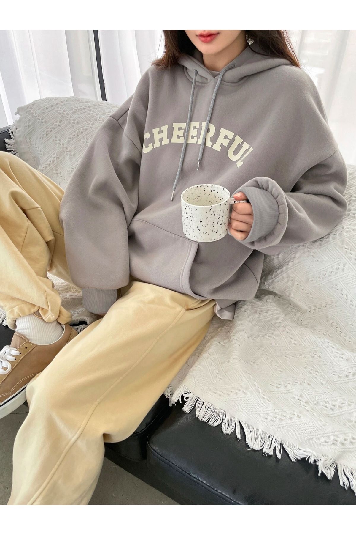 GIANTSTORE Kadın Gri Cheerful Baskılı Oversize Kapüşonlu Sweatshirt