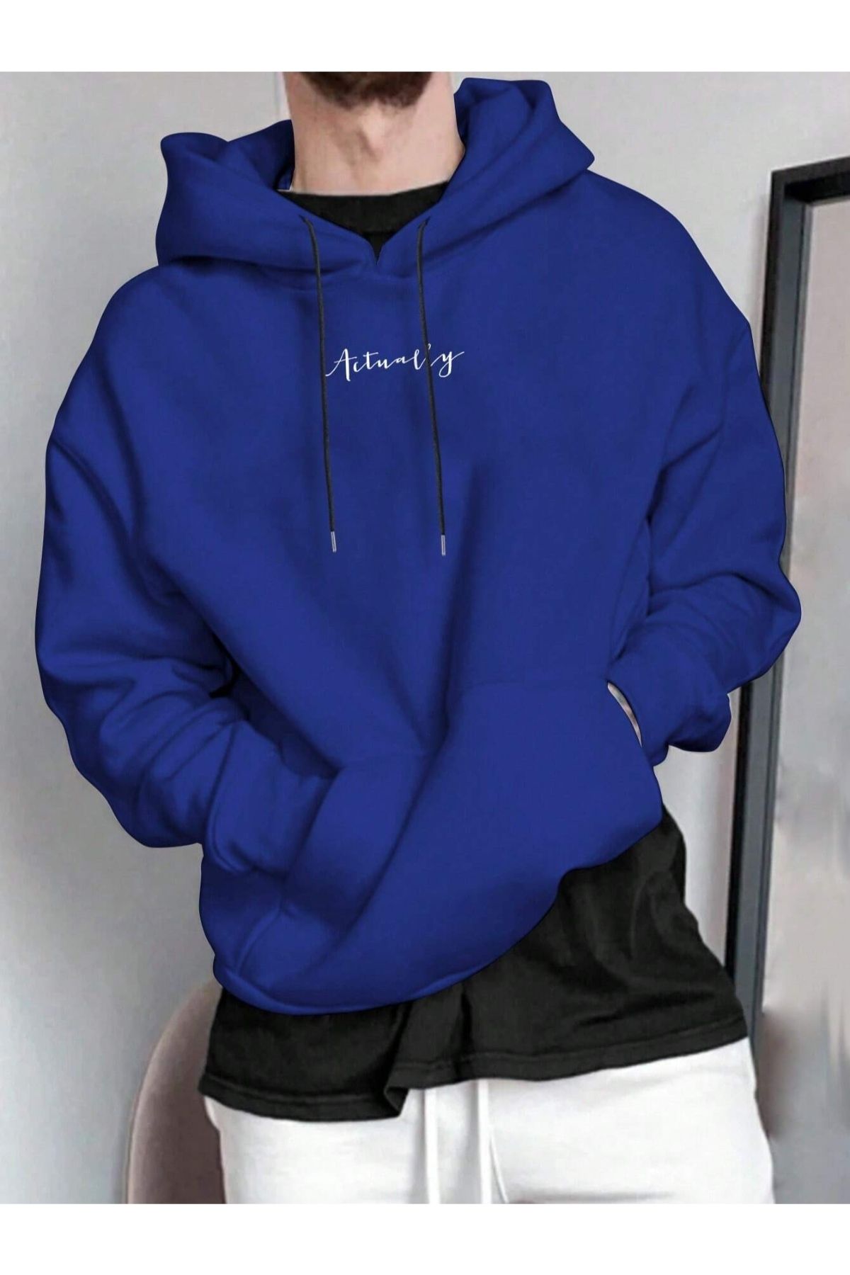 GIANTSTORE Sax Mavi Actually Baskılı Oversize Kapüşonlu Erkek Sweatshirt