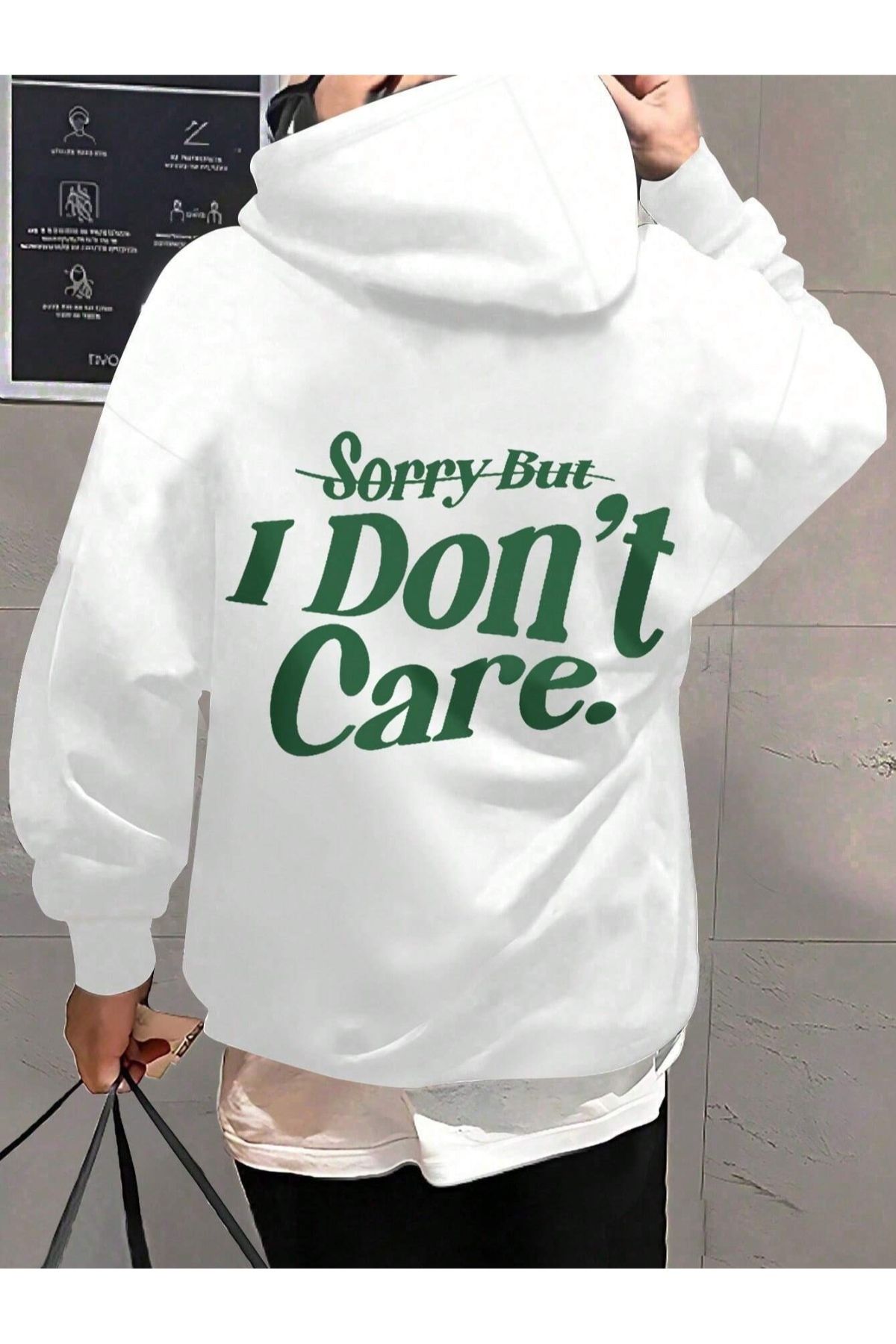 GIANTSTORE Beyaz I Dont Care Basklı Kapüşonlu Oversize Sweatshirt Erkek&