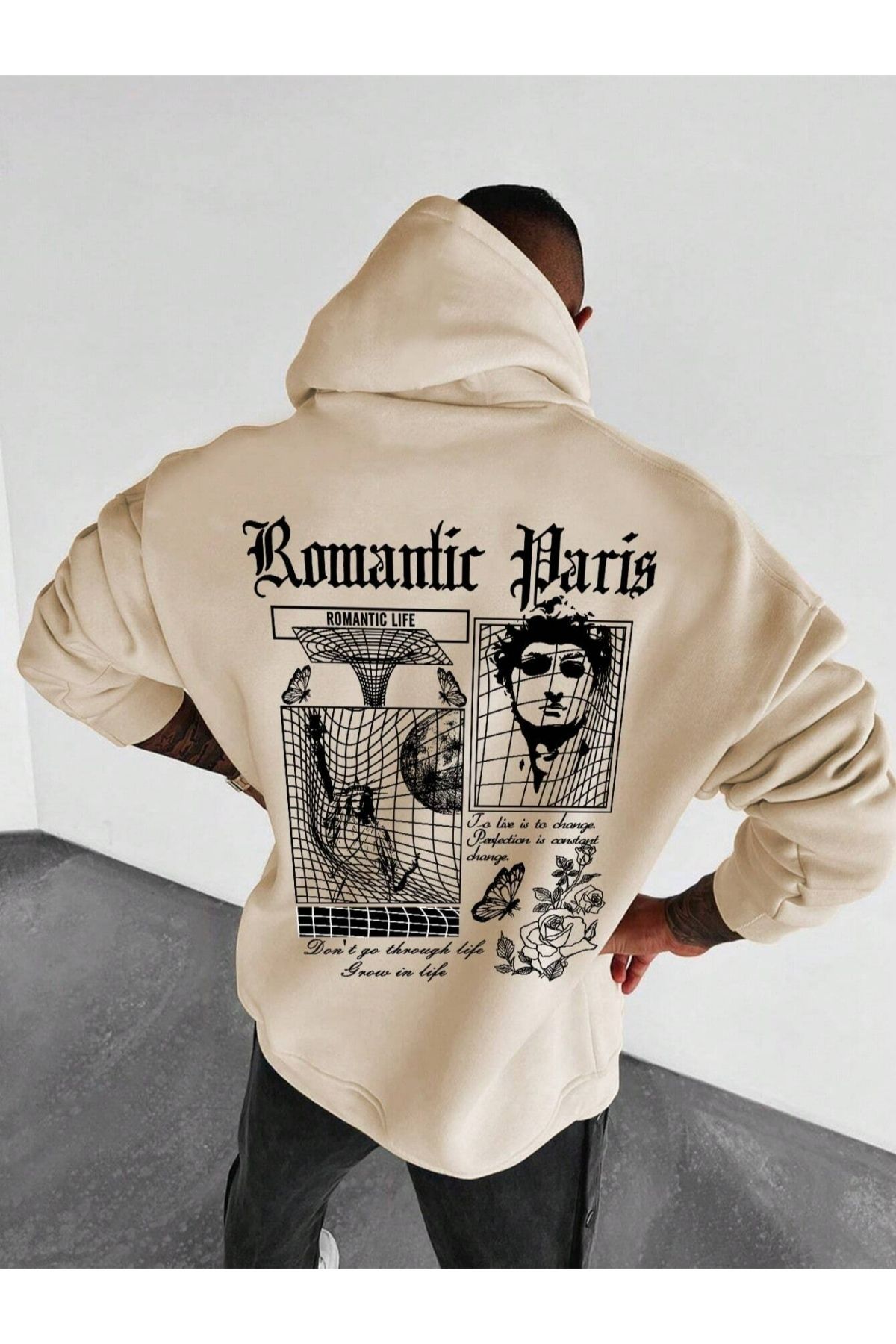 GIANTSTORE Bej Romantic Paris Baskılı Oversize Kapüşonlu Erkek Sweatshirt