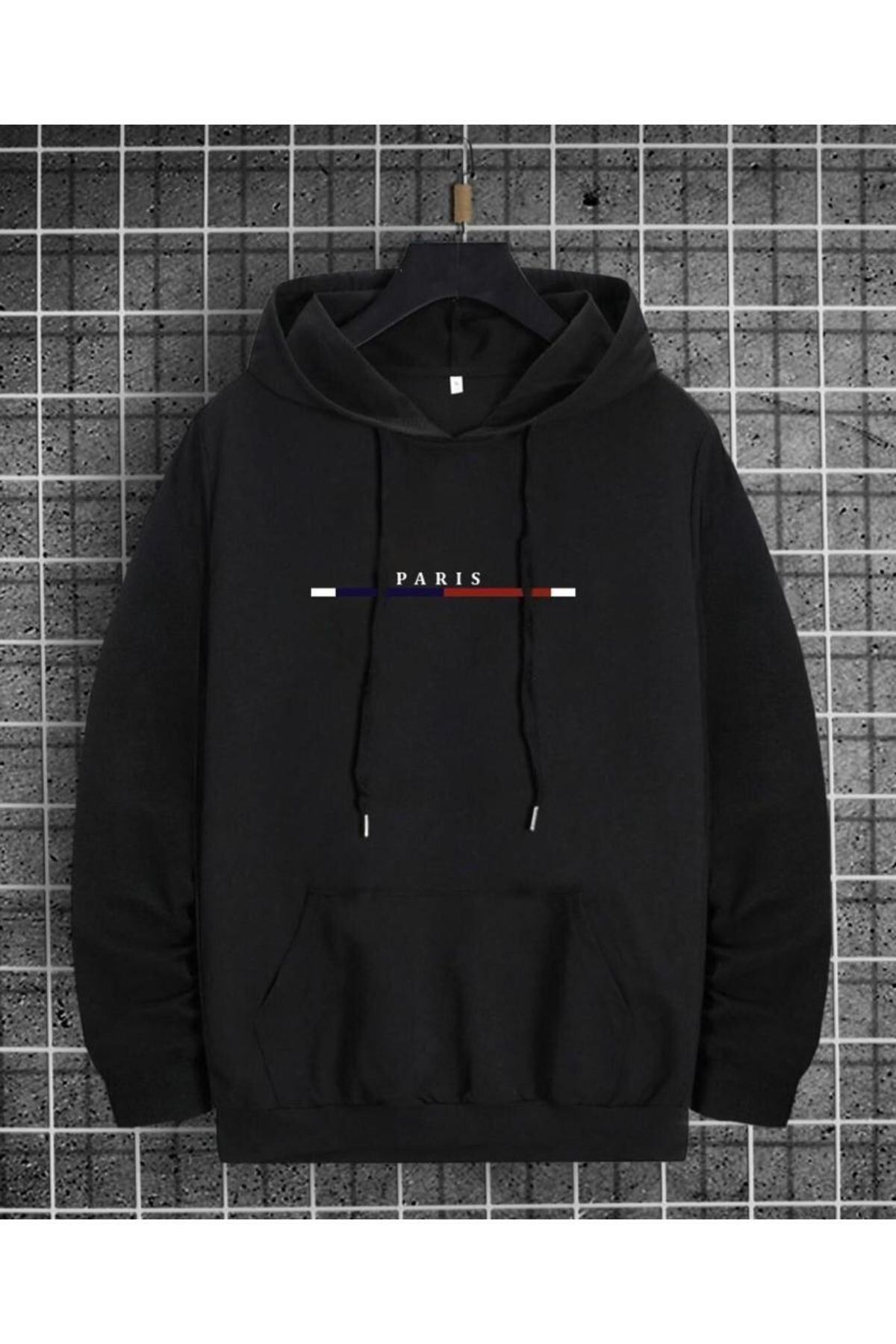 GIANTSTORE Erkek Siyah Paris Baskılı Oversize Kapüşonlu Sweatshirt