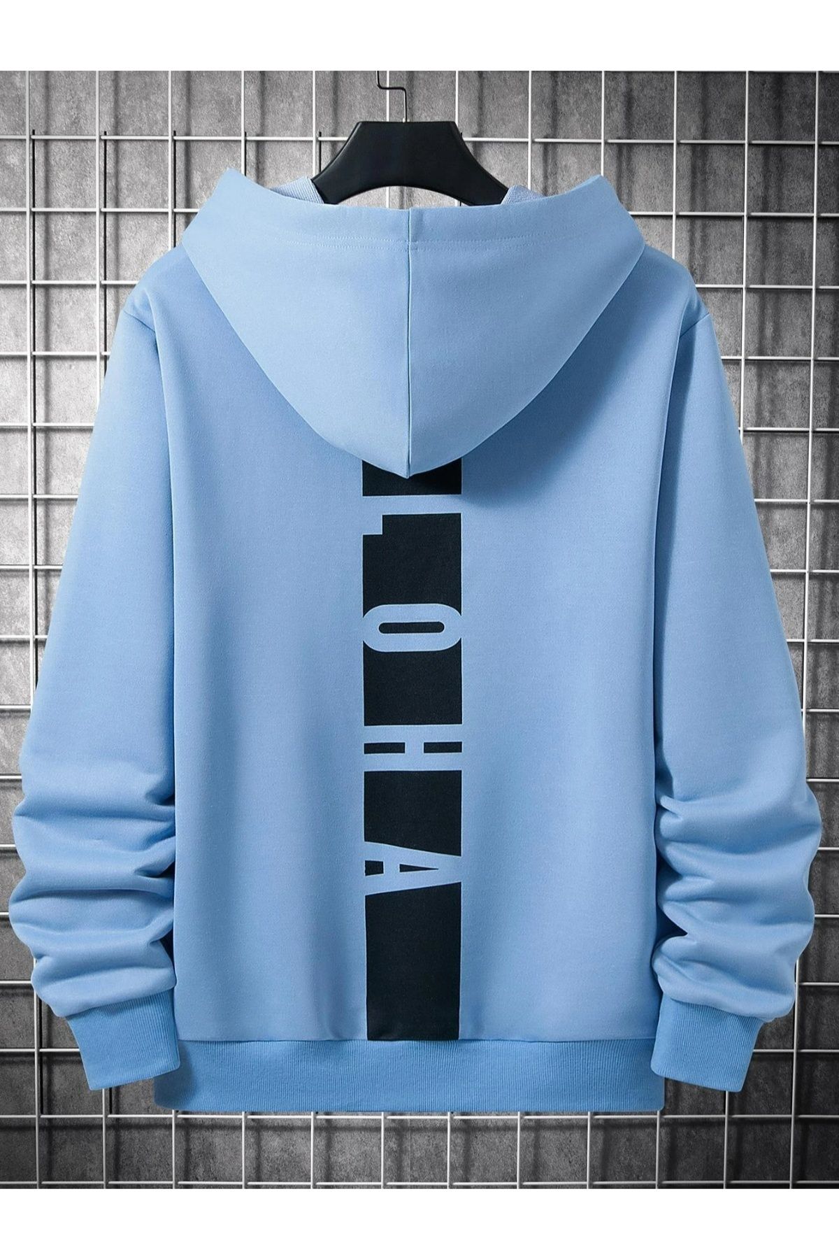 GIANTSTORE Mavi Sırt Aloha Baskılı Oversize Kapüşonlu Erkek Sweatshirt