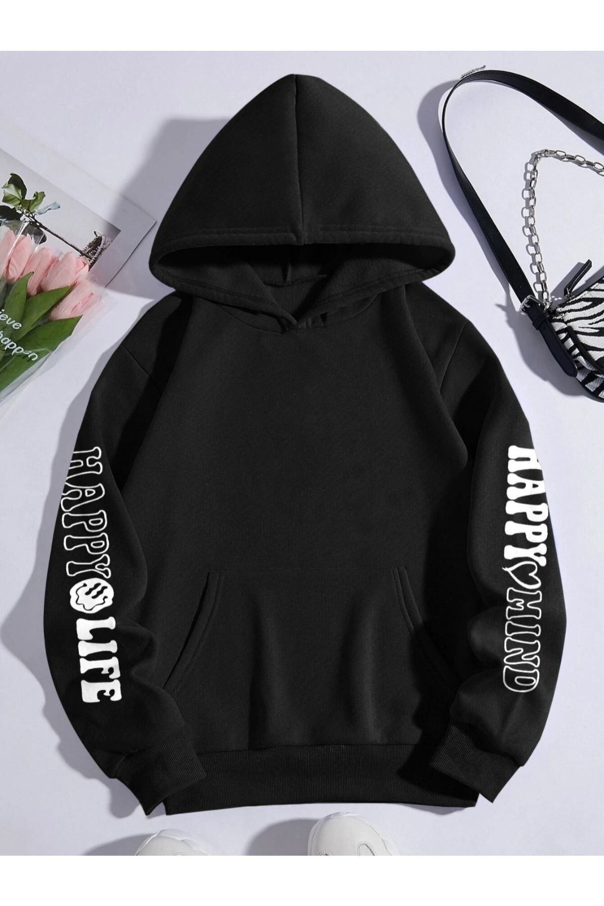GIANTSTORE Unisex Siyah Happy Baskılı Kapüşonlu Oversize Sweatshirt