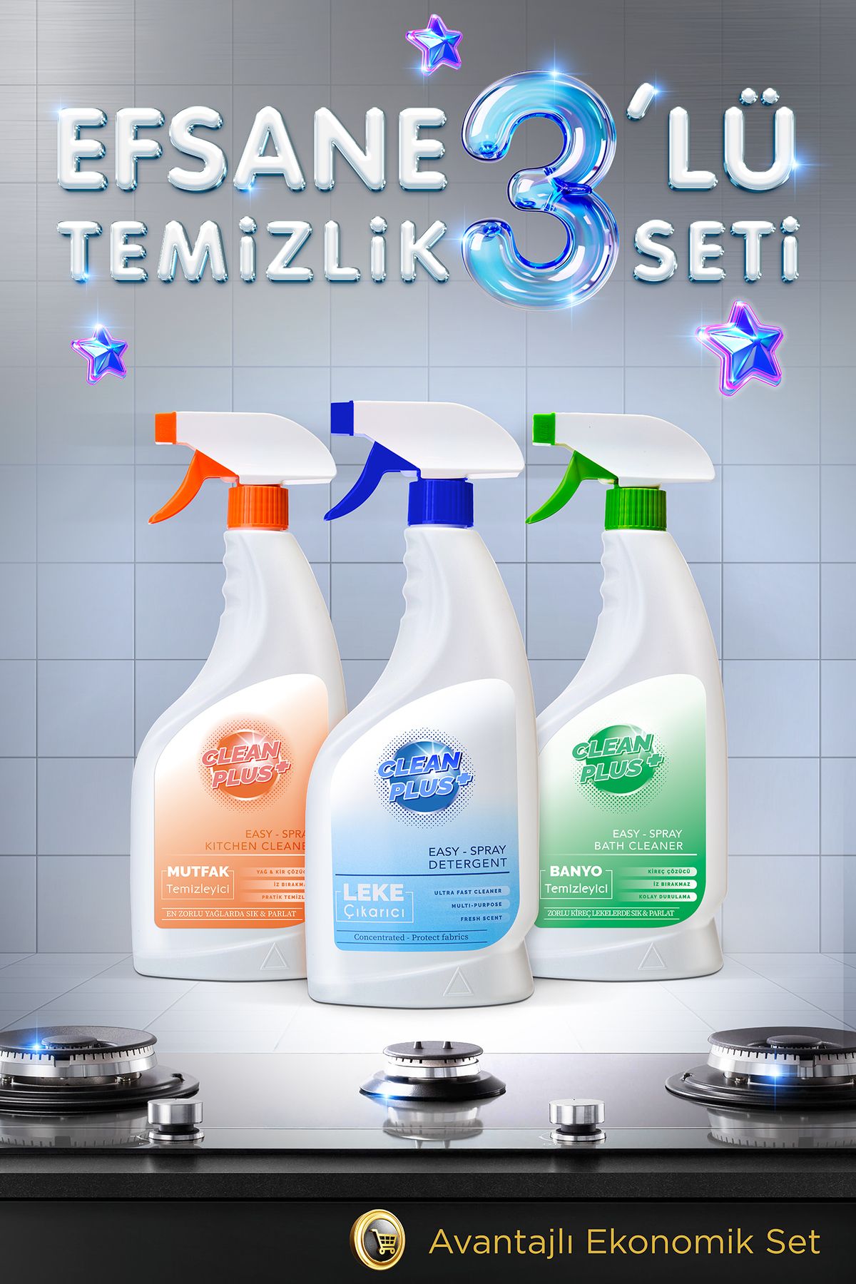 ÖZDEN ÖZDOĞAN Clean Plus Efsane 3'lü Temizlik Seti Mutfak Temizleyici, Leke Çıkarıcı Ve Banyo Temizleyici