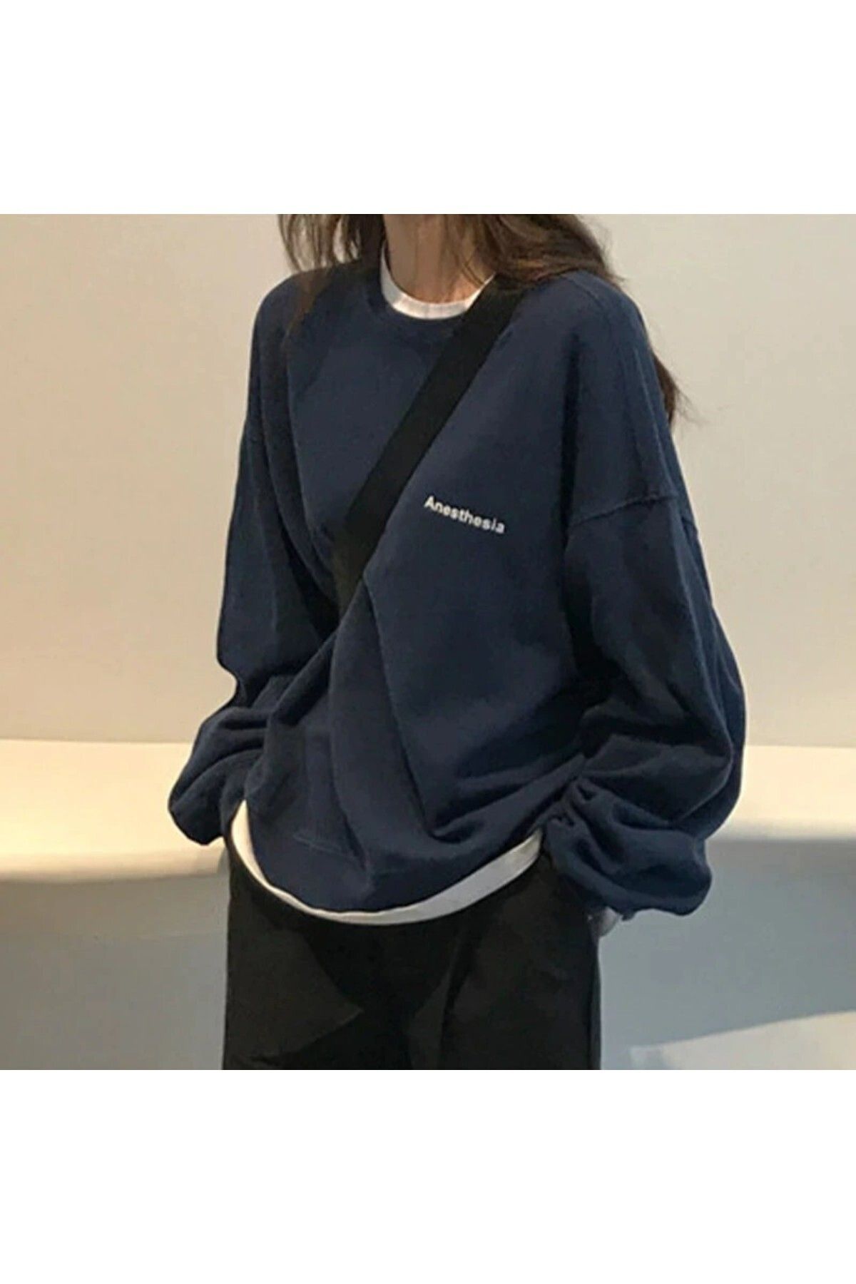 GIANTSTORE Lacivert Anesthesia Baskılı Oversize Bisiklet Yaka Kadın Sweatshirt