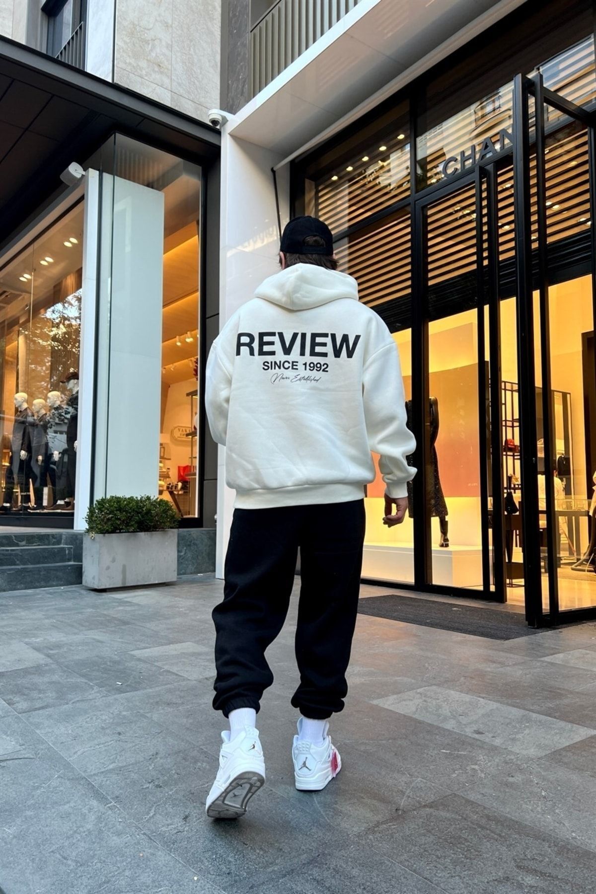 GIANTSTORE Unisex Beyaz Review Affix Baskılı Kapüşonlu Oversize Sweatshirt Hoodie