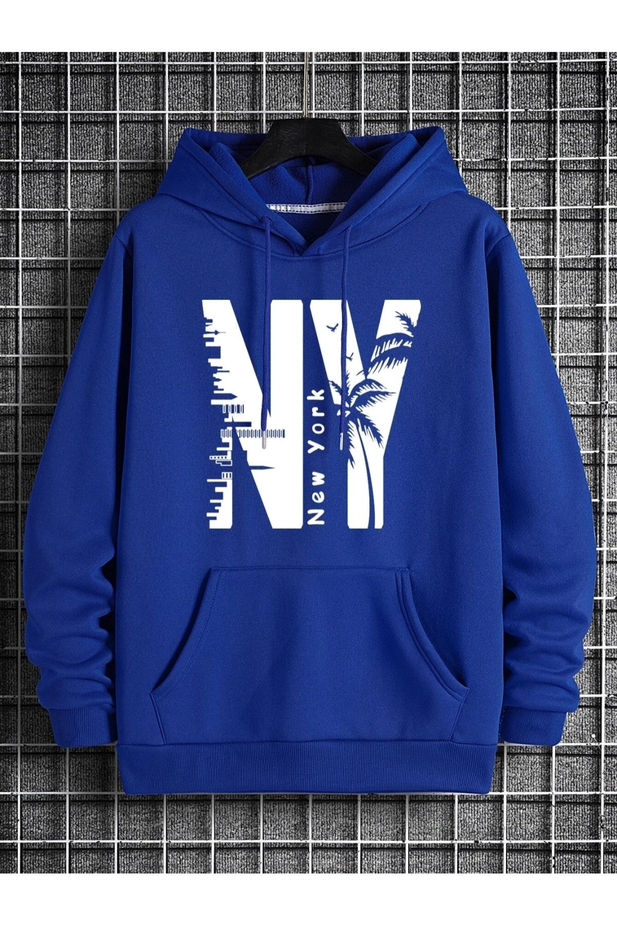 GIANTSTORE Sax Mavi New York Baskılı Oversize Kapüşonlu Erkek Sweatshirt