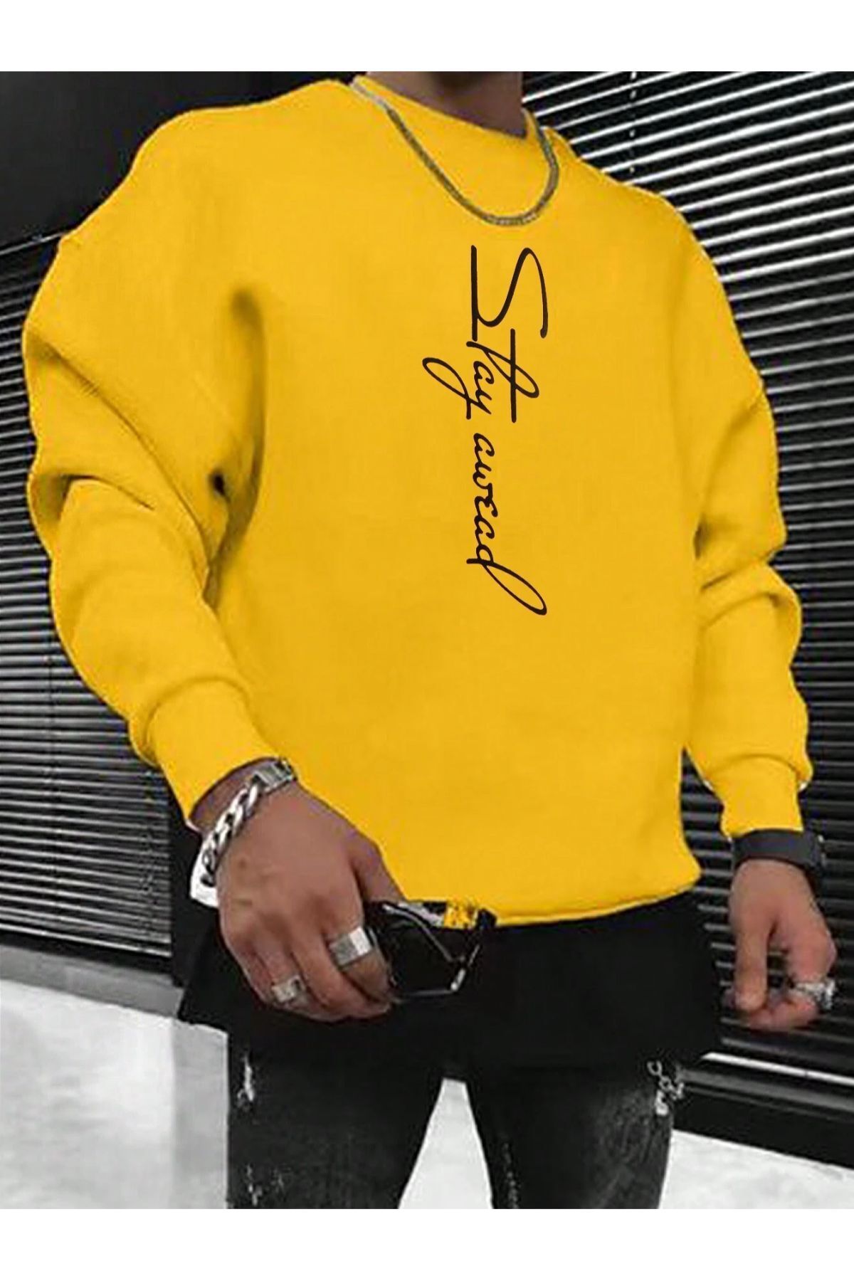 GIANTSTORE Sarı Stay Baskılı Oversize Bisiklet Yaka Erkek Sweatshirt.