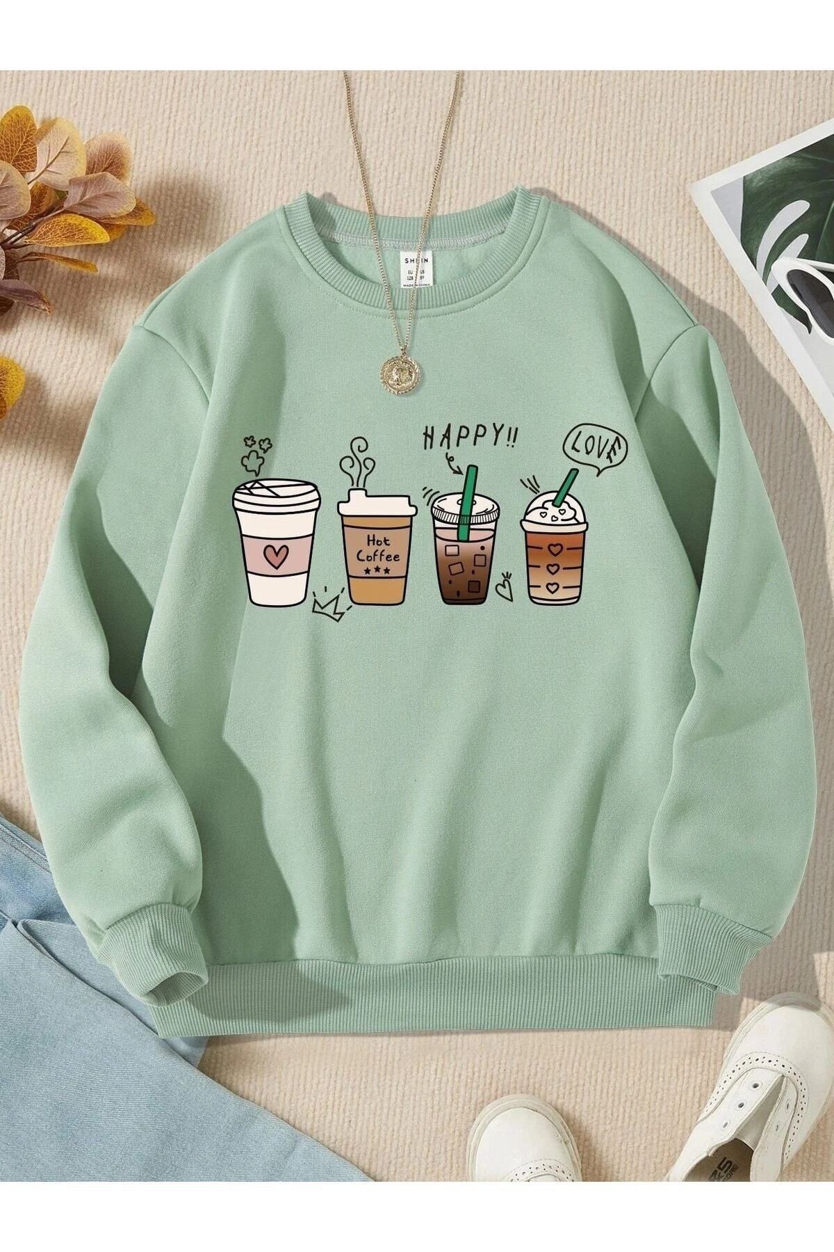 GIANTSTORE Kadın Mint Yeşil Happy Baskılı Bisiklet Yaka Sweatshirt