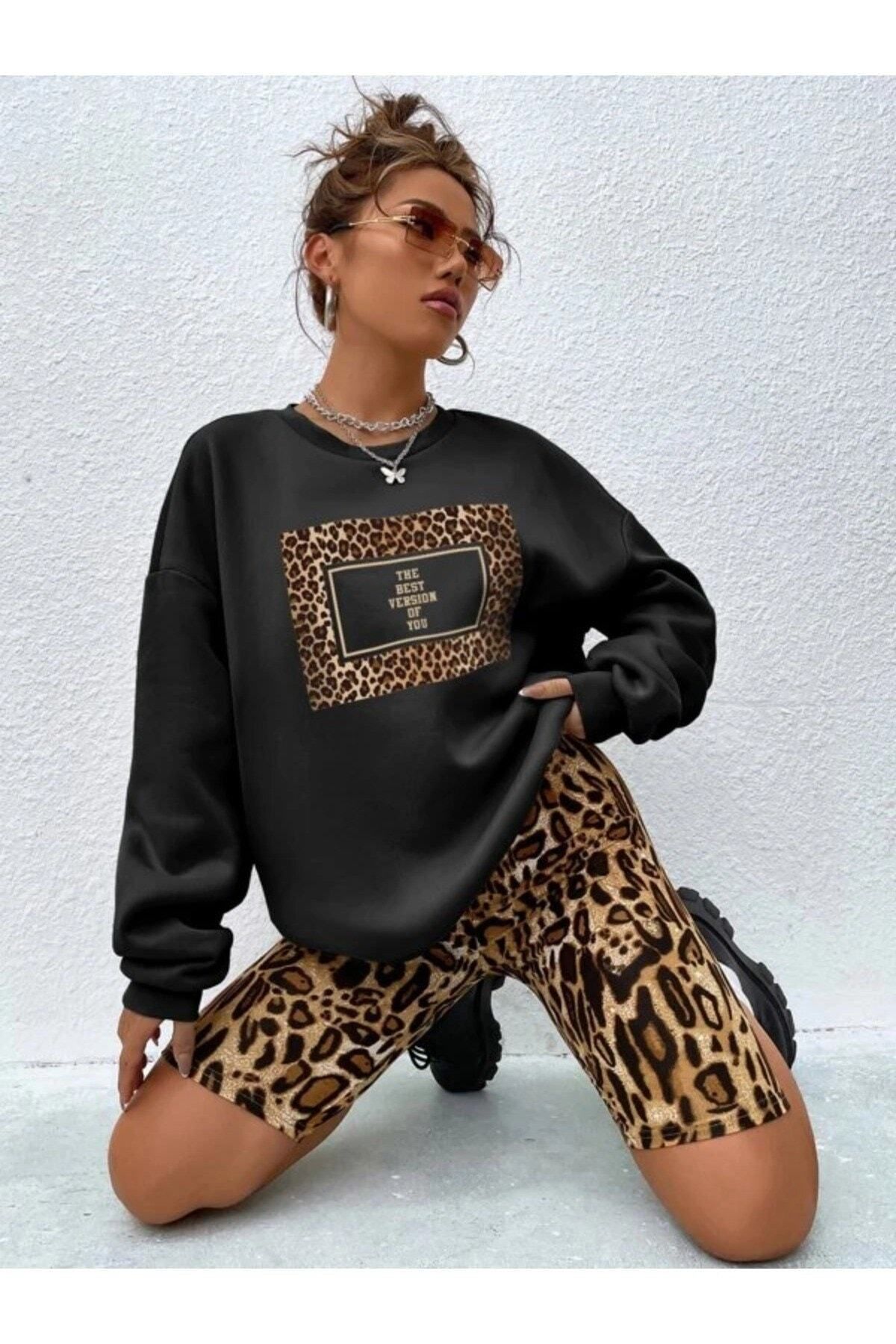 GIANTSTORE Kadın Siyah Leopar Desenli The Best Version Of You Baskılı Sweatshirt