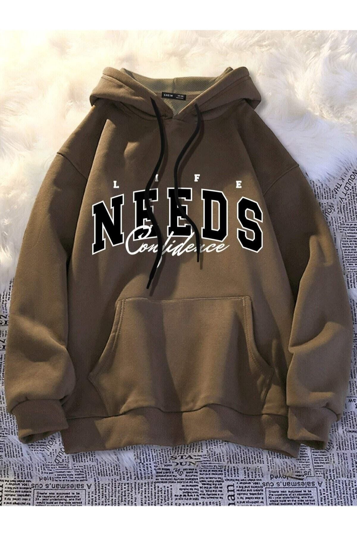 GIANTSTORE Kahverengi Needs Baskılı Oversize Kapüşonlu Erkek Sweatshirt