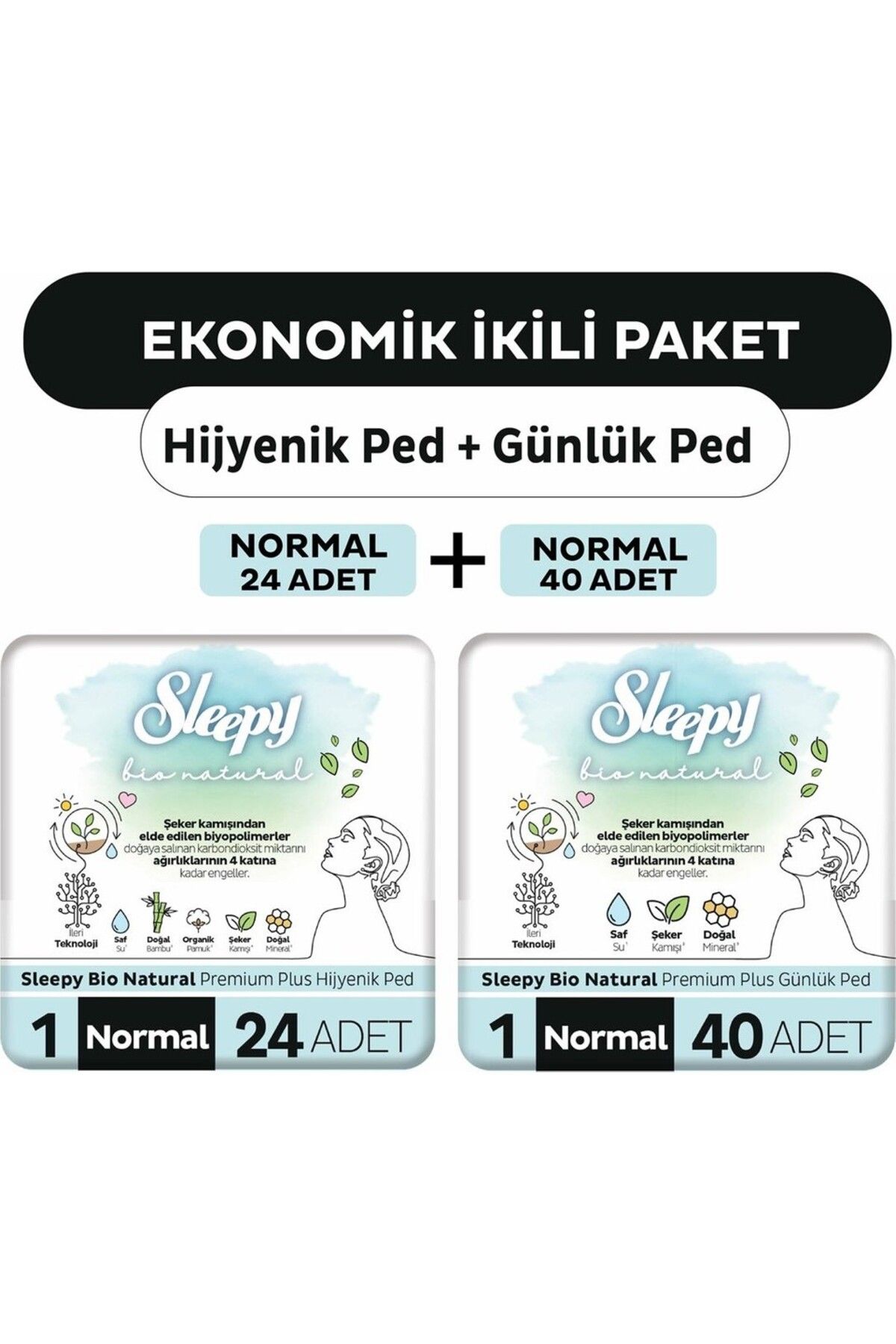 Sleepy Ekonomik Ikili Paket (Bio Natural Premium Plus Hijyenik Ped Normal 24'lü + Günlük Ped Normal 40'lı)