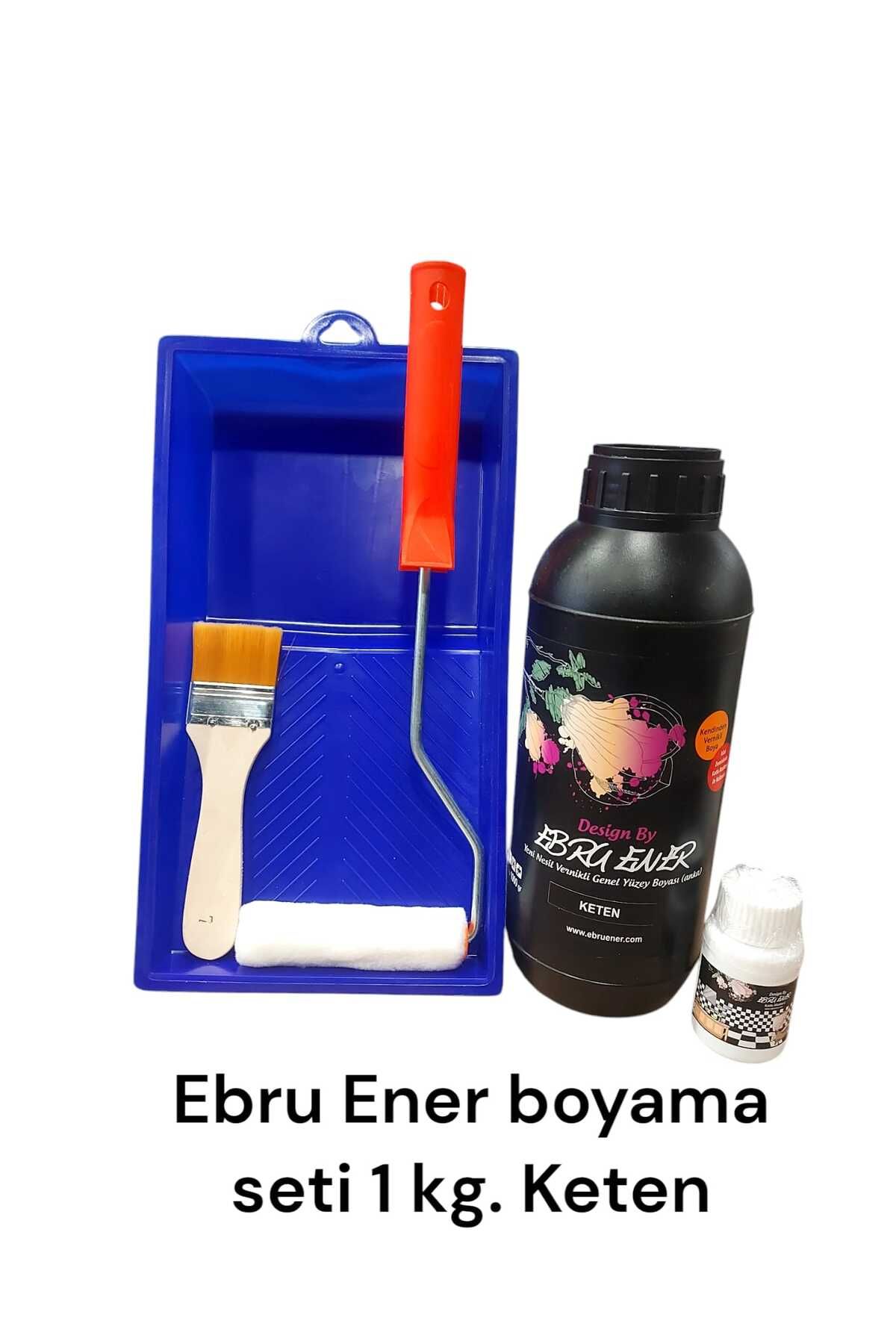 Ebru Ener Kendinden Vernikli Boyama Seti Islak Zemin 1000 gr Keten Boya Katalizör-Tava-Fırça-Rulo