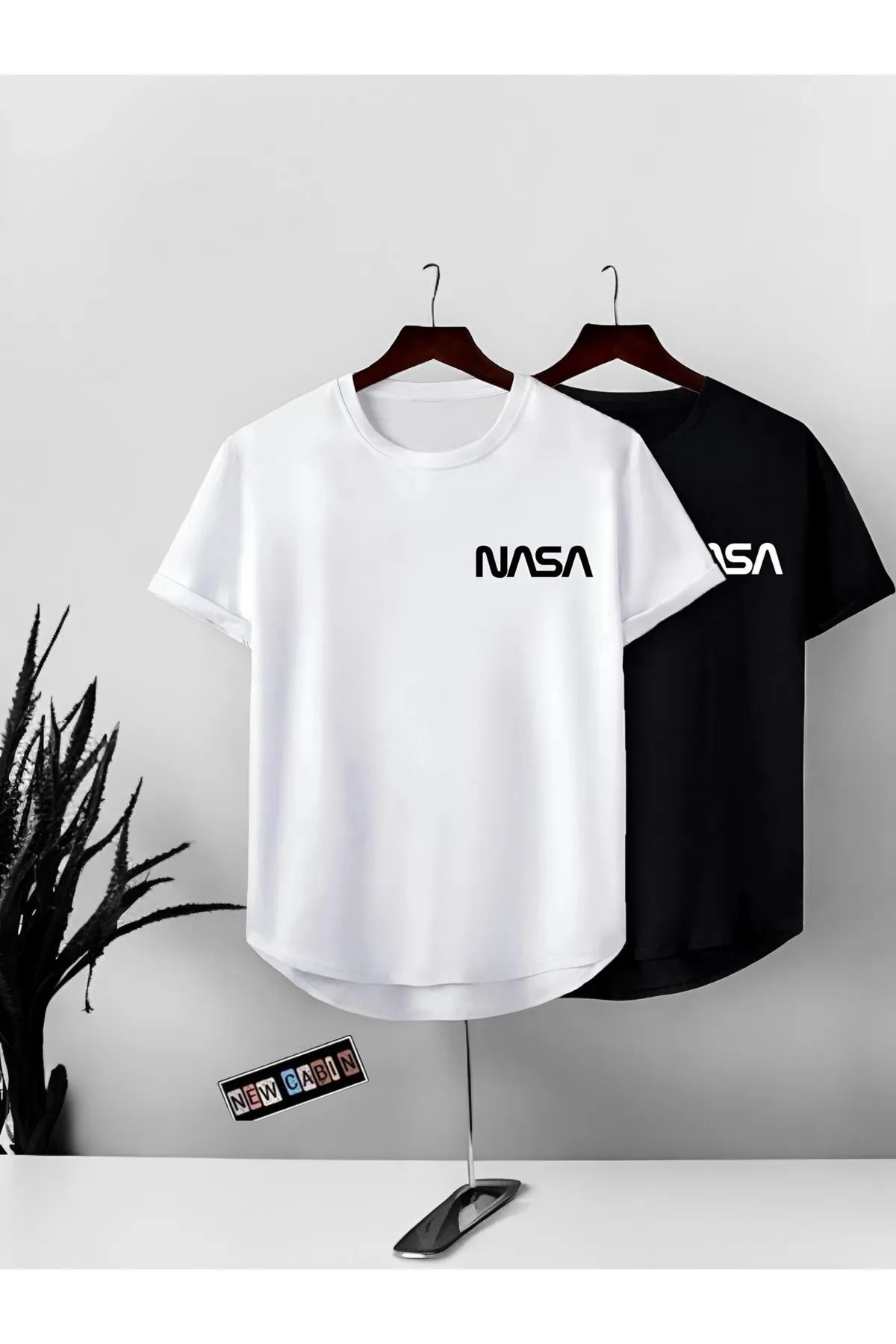 FECCY Unisex Beyaz Siyah Oval Kesim Nasa Tasarım Tshirt  2'li Set