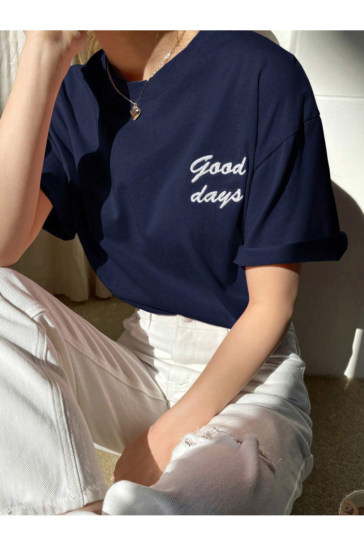 ALİKA Kadın Lacivert Good Day Baskılı Oversize T-Shirt