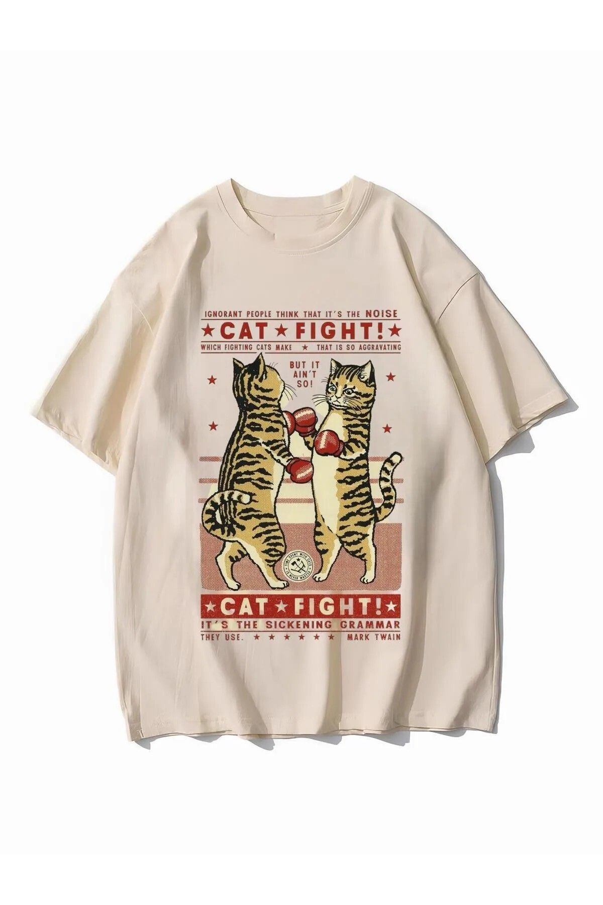 weywot Cat Fight Bej Unisex Oversize T-shirt