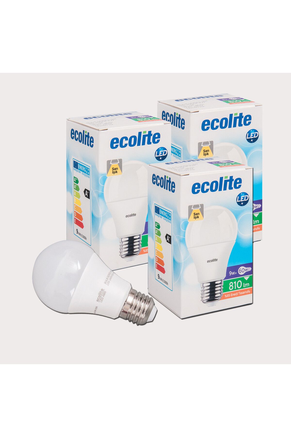 Ecolite A60 9 W Sarı Klasik E27 Duy 3'lü Led Ampul