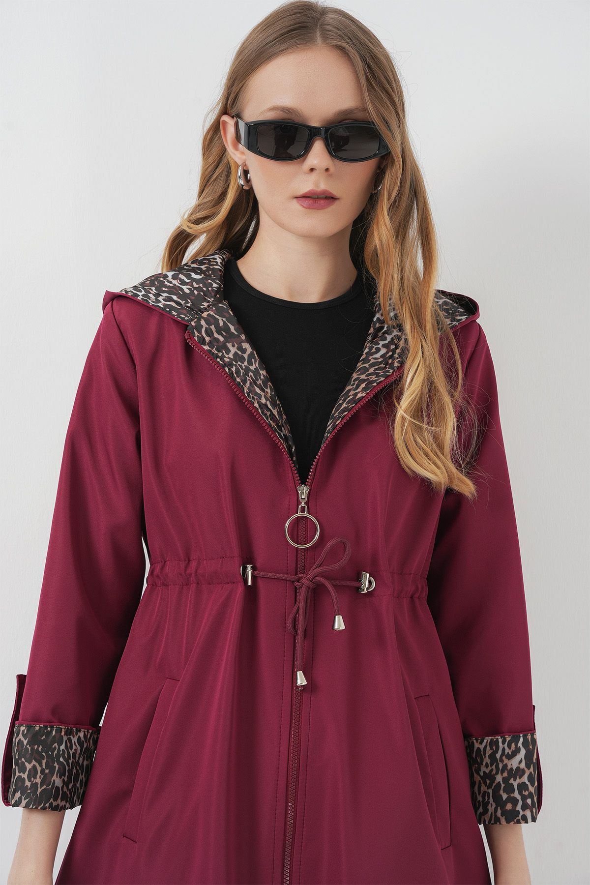 Bigdart-9091 Gathered Waist Hooded Trench Coat - Burgundy 5