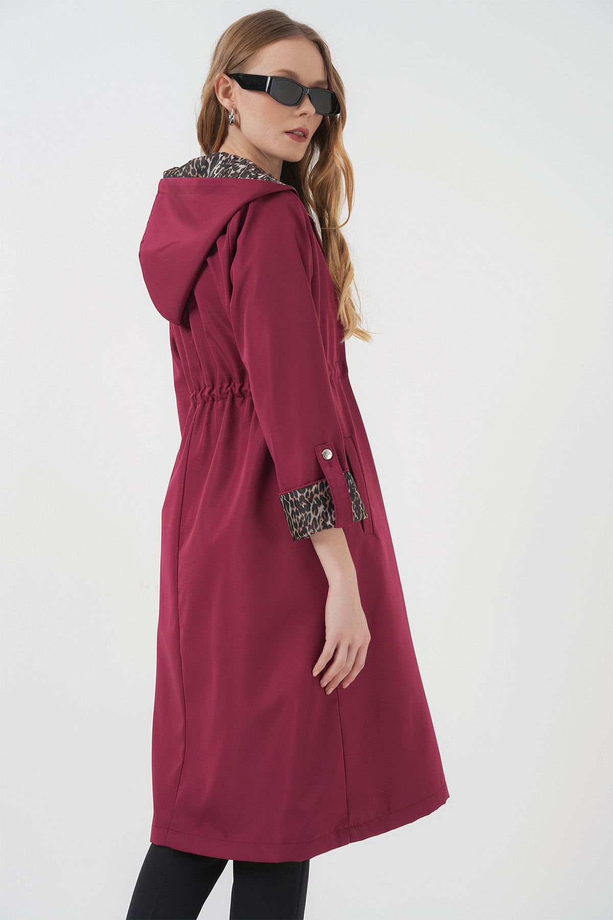 Bigdart-9091 Gathered Waist Hooded Trench Coat - Burgundy 7