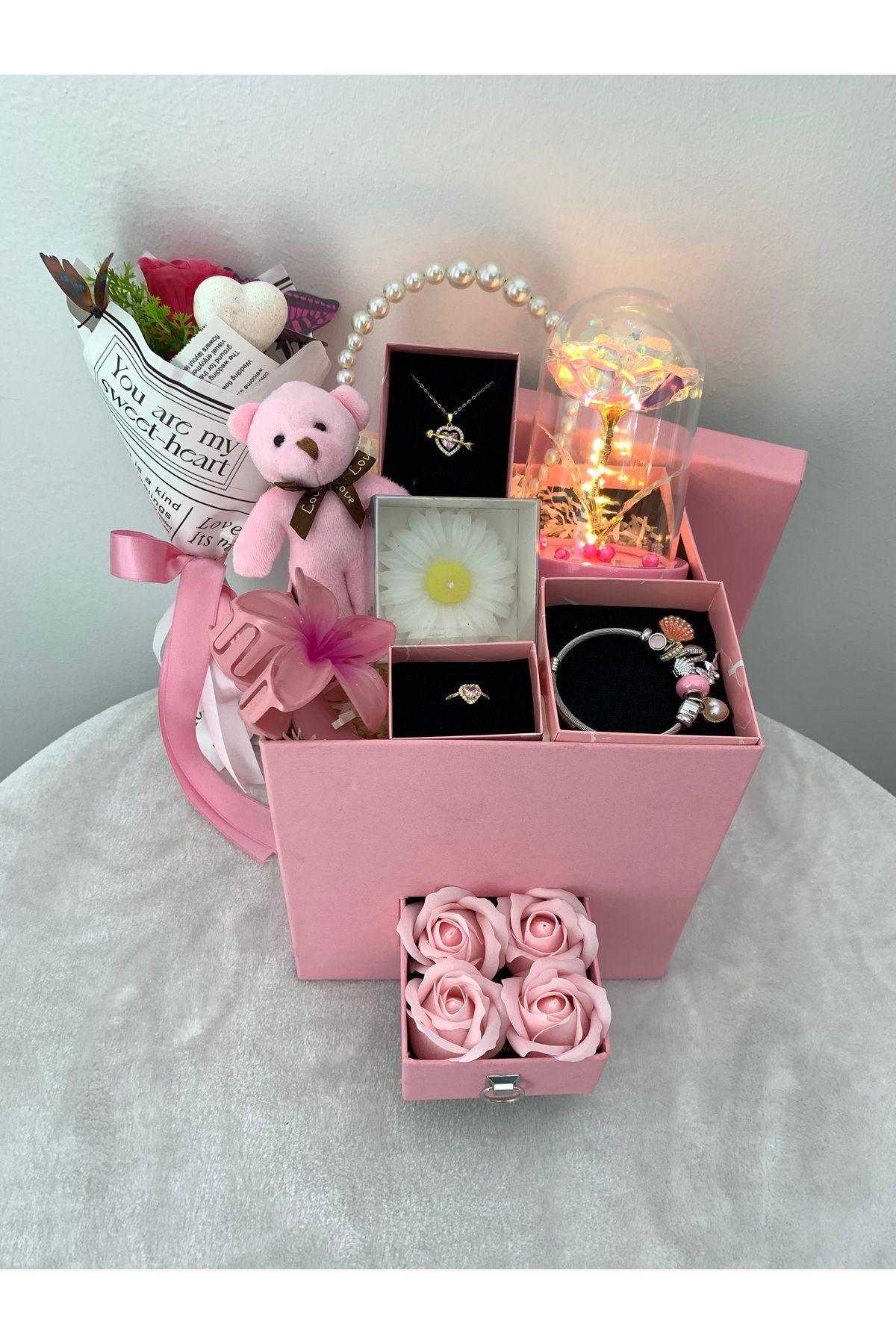 PRİYA JEWELERY Sevgiliye Özel Pembe Hediye Seti , Love Konsept Kutu, Çekmeceli Hediye Kutusu, Sevgililer Günü