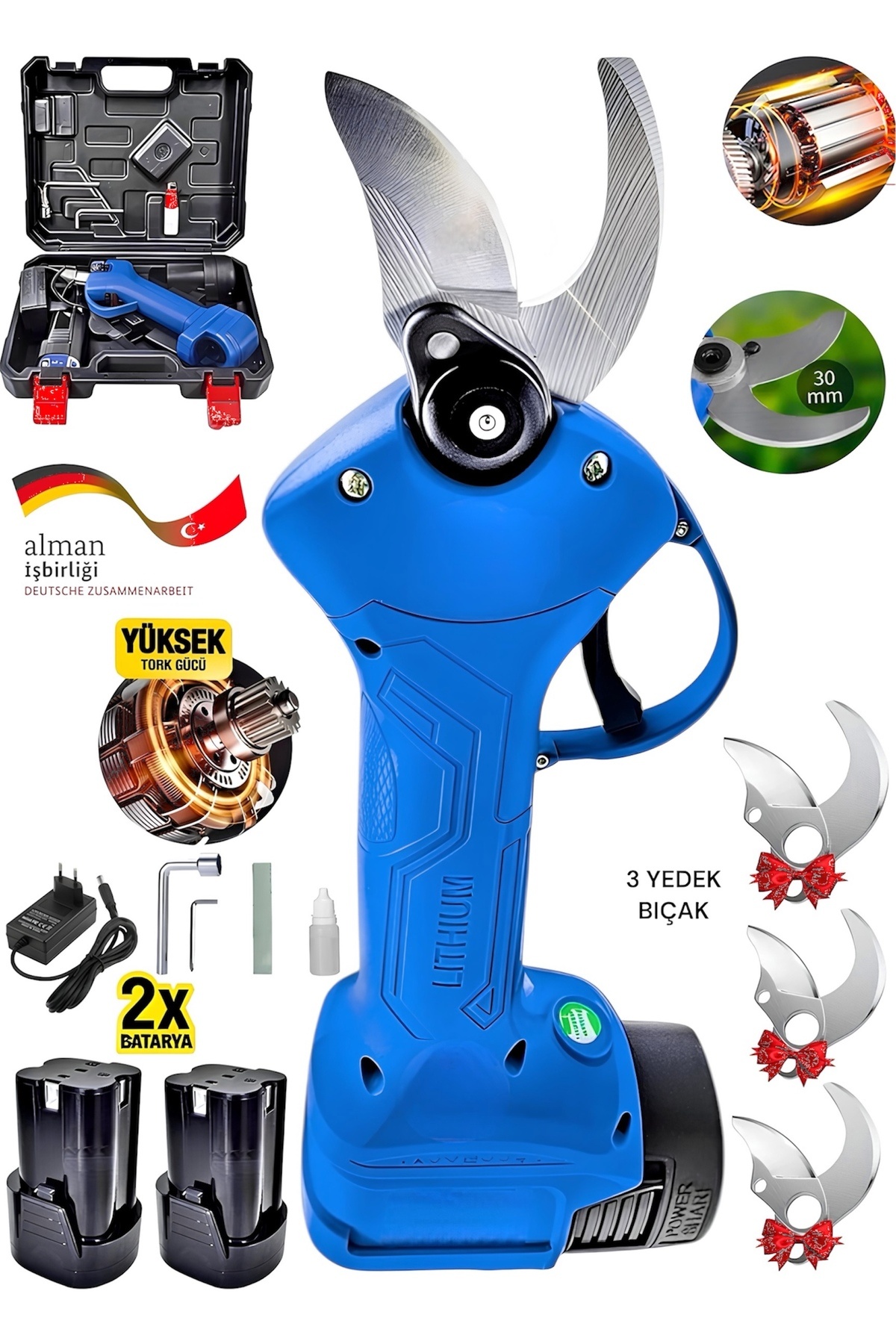 Germany Steel 9430Rp ŞARJLI AĞAÇ DAL BUDAMA BAĞ MAKASI 30M BAKIR SARGI ÇİFT AKÜLÜ 3 ADET ÇELİK YEDEK BIÇAK