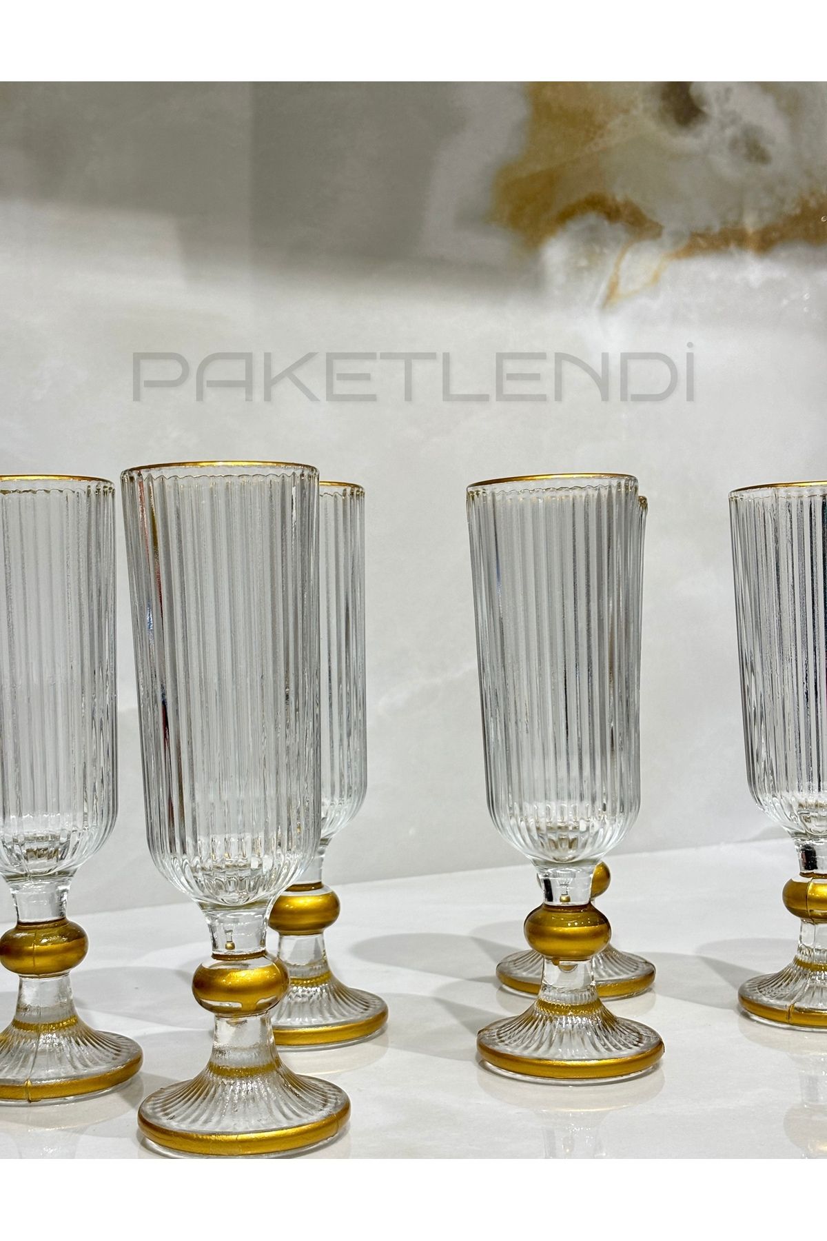 PAKETLENDİ 6 Adet Yaldızlı Ayaklı Kahve Yanı Çizgili Bardak