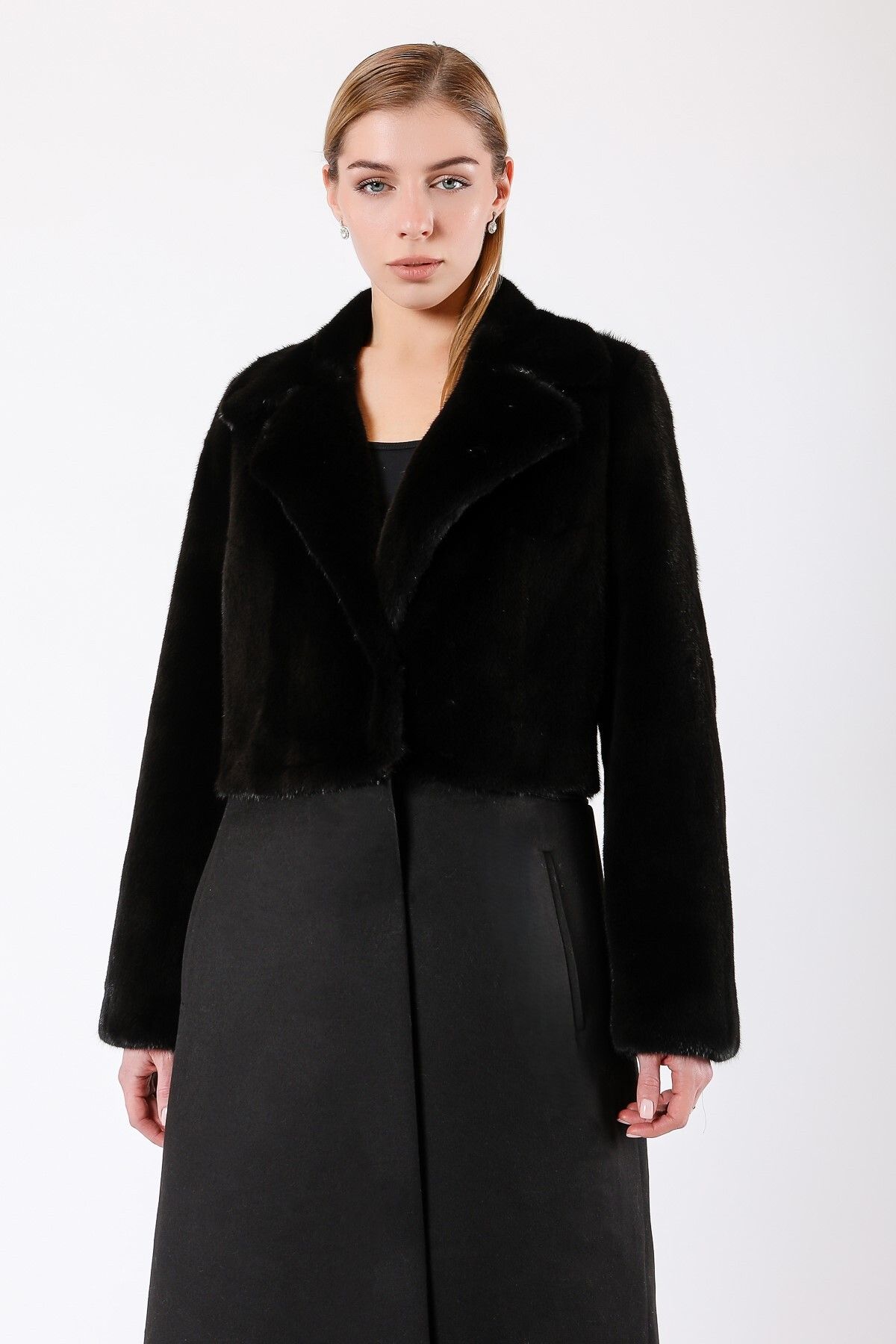 Leather Club-Black Mink Fur Garnished Cashmere Coat 2