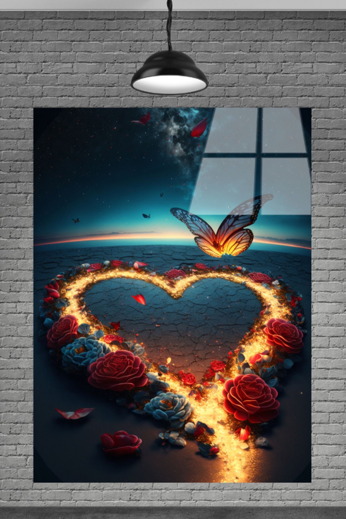First Date YANAN KALP İÇİNDE GÜLLER VE KUŞLAR CAM TABLO