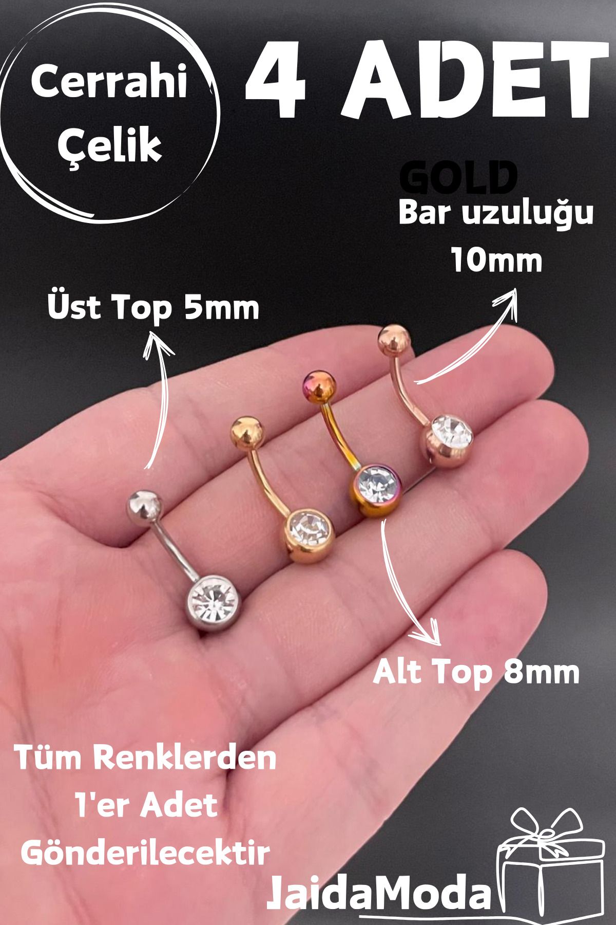 Jaida Moda Cerrahi Çelik Zirkon Taşlı 4'lü Set Göbek Piercing