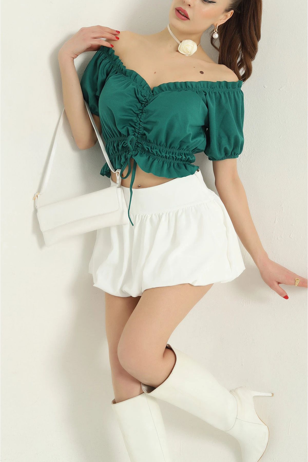 vuvutasarım-New Season Emerald Green Drawstring Crepe Blouse 4