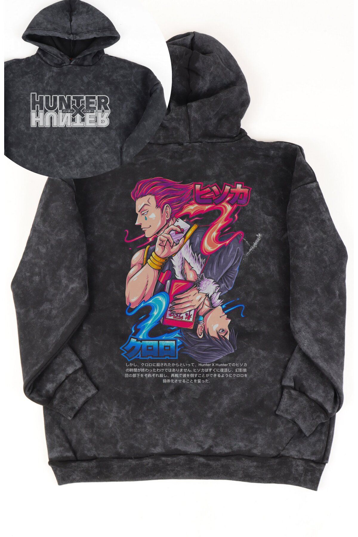 Fuddy Moda Unisex Hunter X Hunter Hisoka Sırt Baskılı Kapüşonlu Yıkamalı Sweatshirt, Oversize Anime Hoodie