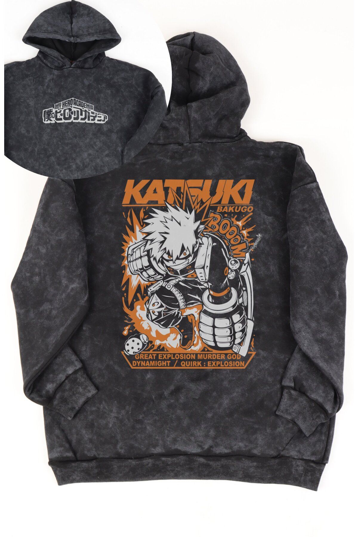 Fuddy Moda Unisex MHA Katsuki Bakugo Sırt Baskılı Kapüşonlu Yıkamalı Sweatshirt, Oversize Anime Temalı Hoodie