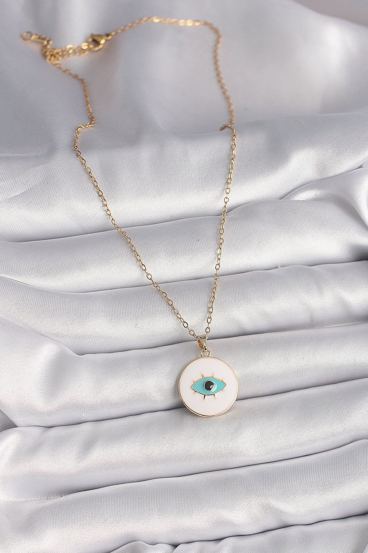 Skygo-Gold Colored 316L Steel - White Enamel and Turquoise Eye Embroidered Women's Necklace - Tj-Bko9730 2