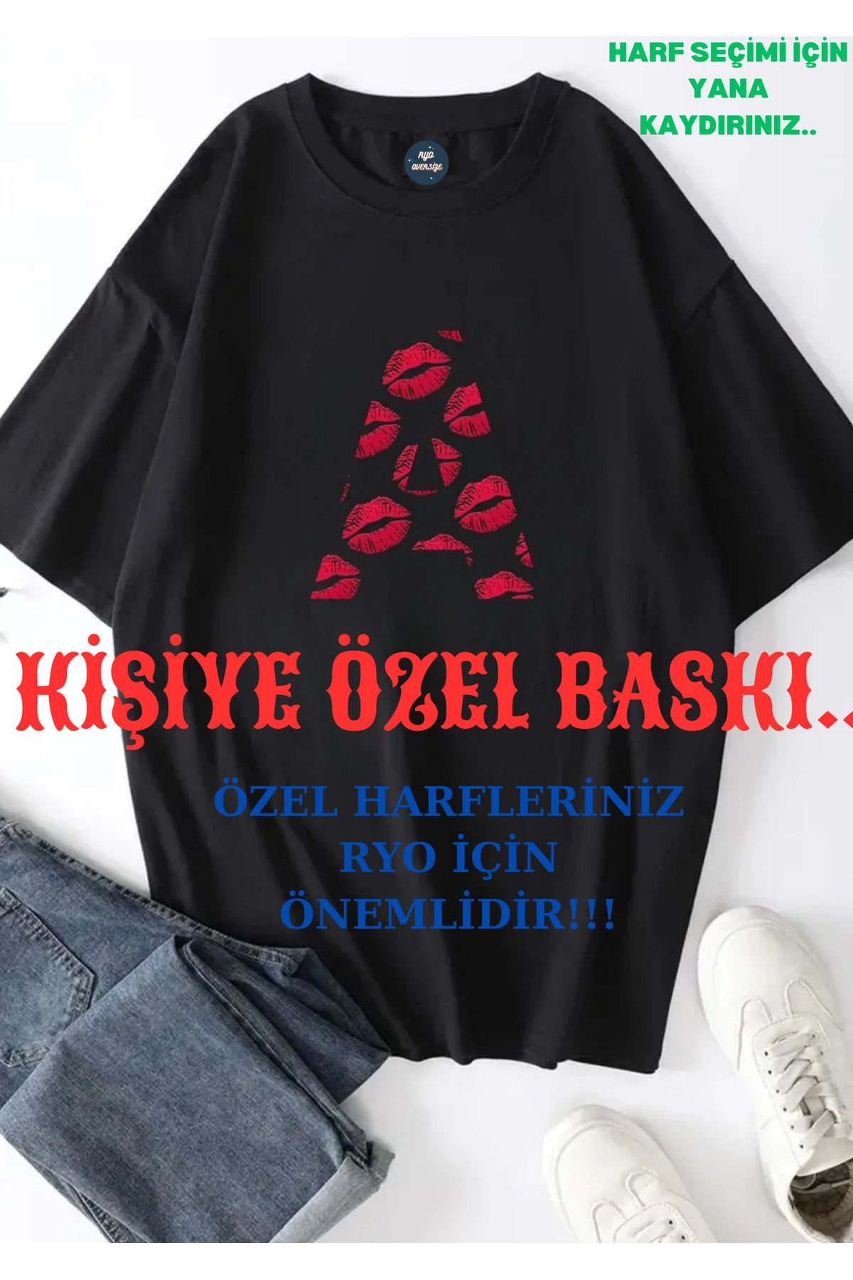 RYO FASHİON KİŞİYE ÖZEL BAŞ HARFİ ÖZEL GÜNLER İÇİN OVERSİZE SİYAH UNİSEX TİŞÖRT 1.SINIF KALİTE